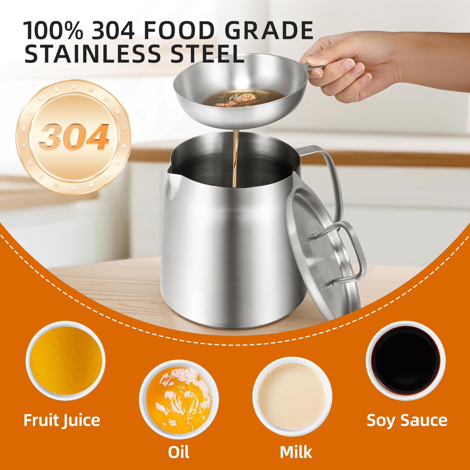 Oil Strainer Pot, 2L 304 Stainless Steel Oil Filter Pot with Mesh Strainer and Lid, Filter Basket - Image 2