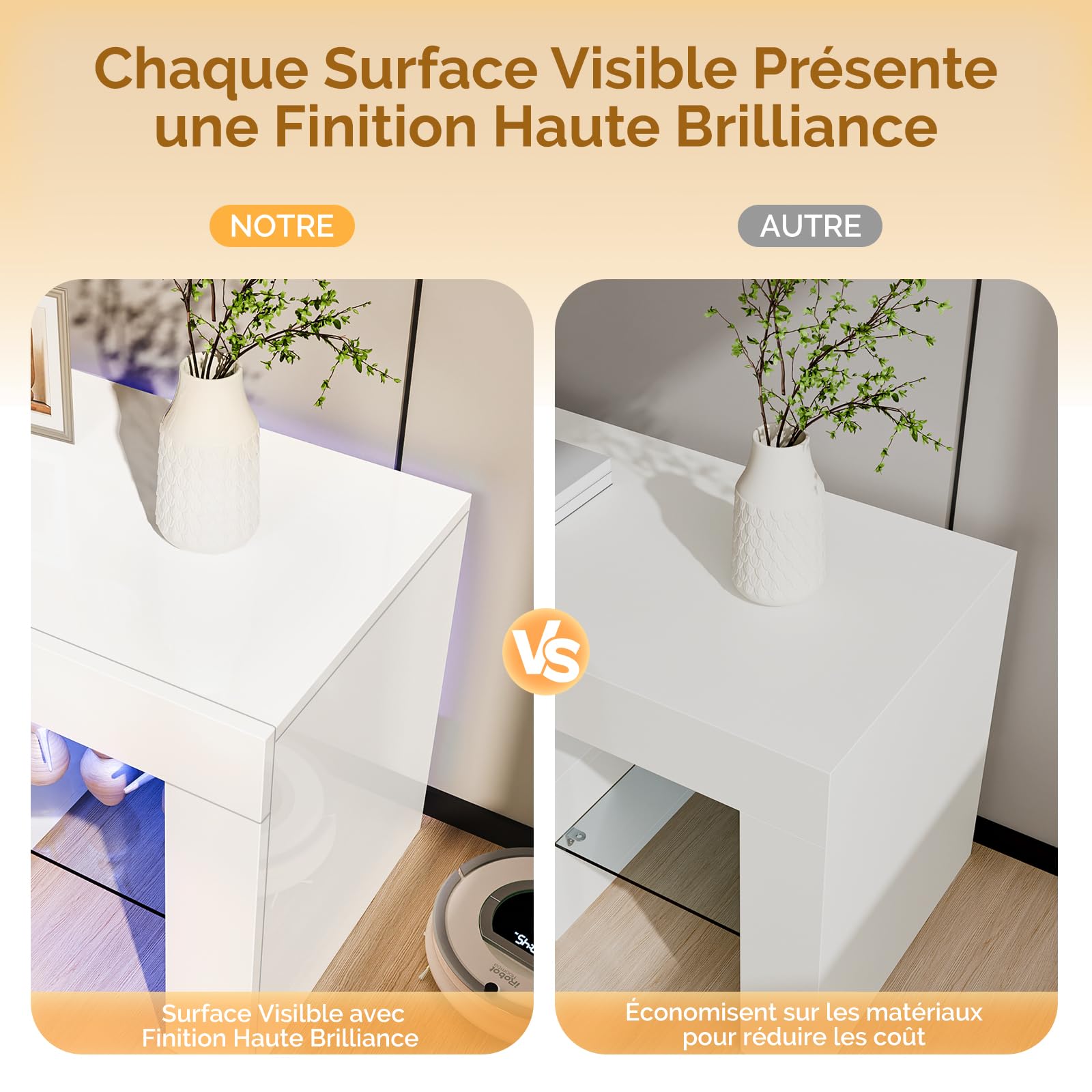 Bonnlo Meuble TV avec LED, Banc TV, Noire, Meuble TV avec Rangement, Meuble télé pour Salon, Chambre, 130 x 35 x 45cm (Blanc)