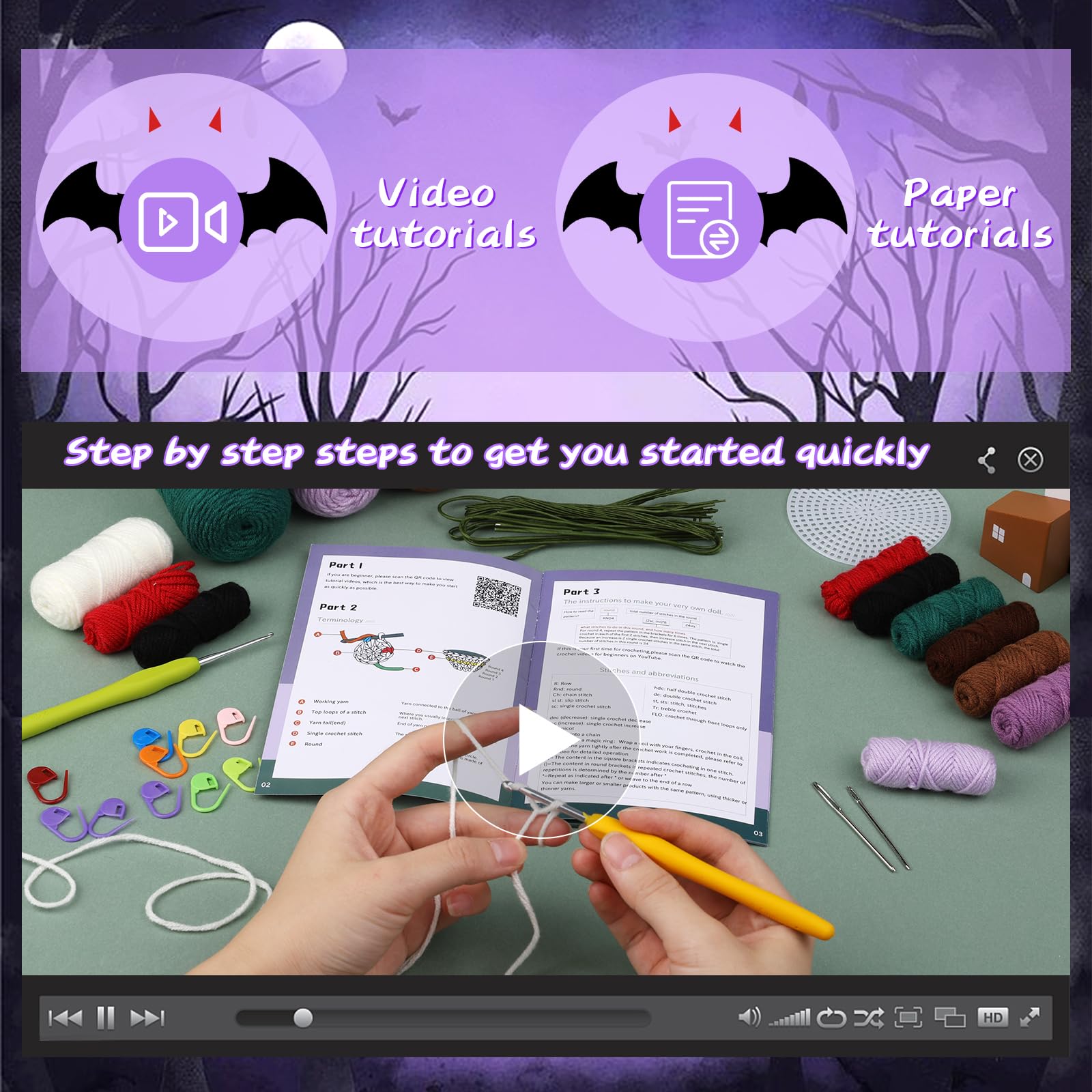 Yizzvb Kit de ganchillo de Halloween para principiantes, kit completo de ganchillo para principiantes, kits de inicio de ganchillo para adultos con tutoriales de video paso a paso, kits de animales de
