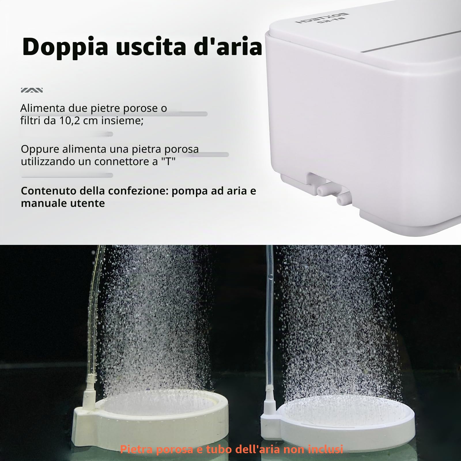 boxtech Pompa ad aria per acquario, 5 Watt, pompa per ossigeno regolabile, 2 prese d'aria. Pompa a membrana regolabile, pompa per pesci per acquari