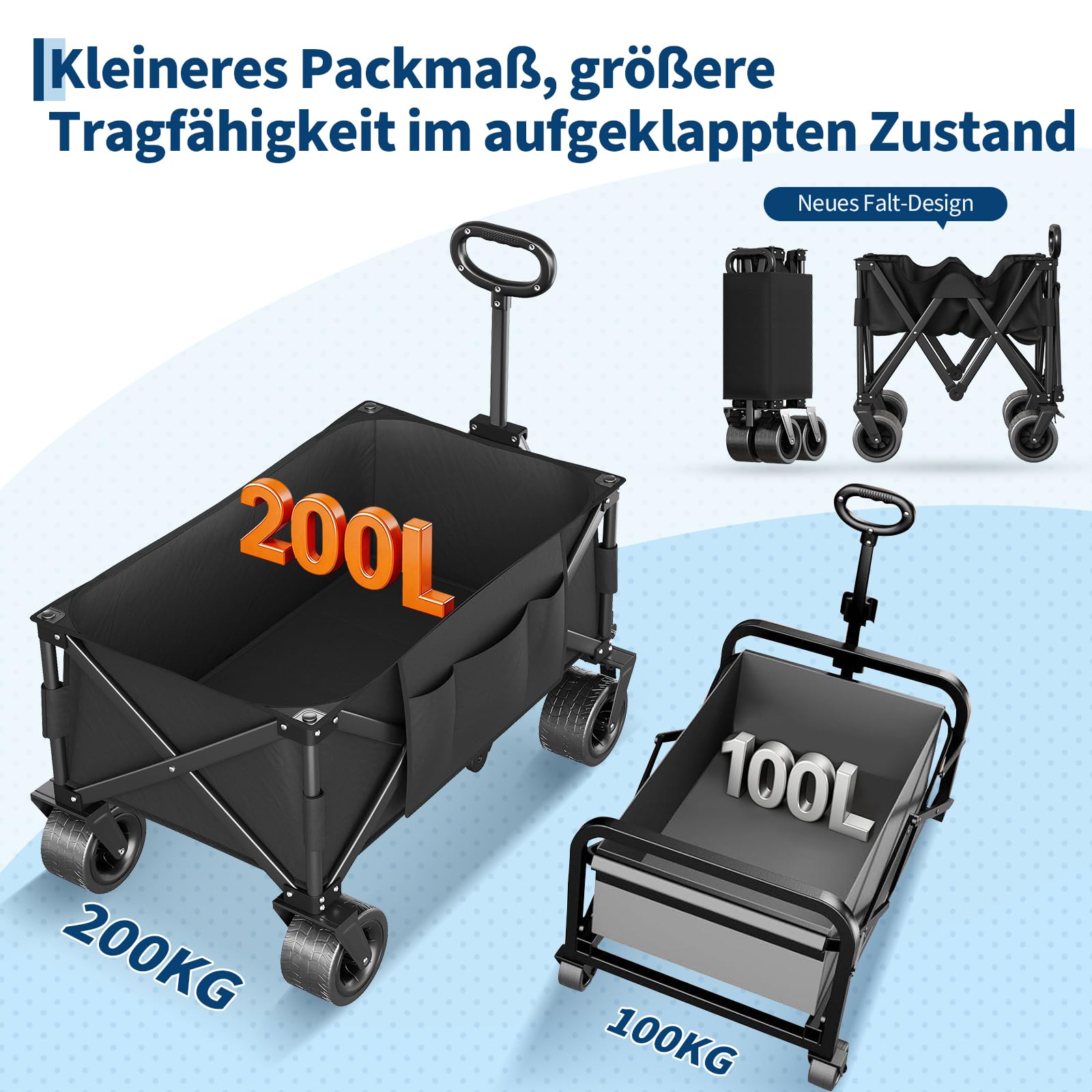GarveeLife XXL Bollerwagen Faltbar, 200kg Belastbar & 200L Volumen, Handwagen mit Bremsen & 20cm Offroad-Rädern, Klappbarer Transportwagen mit Seitentaschen für Strand, Camping & Garten, Schwarz