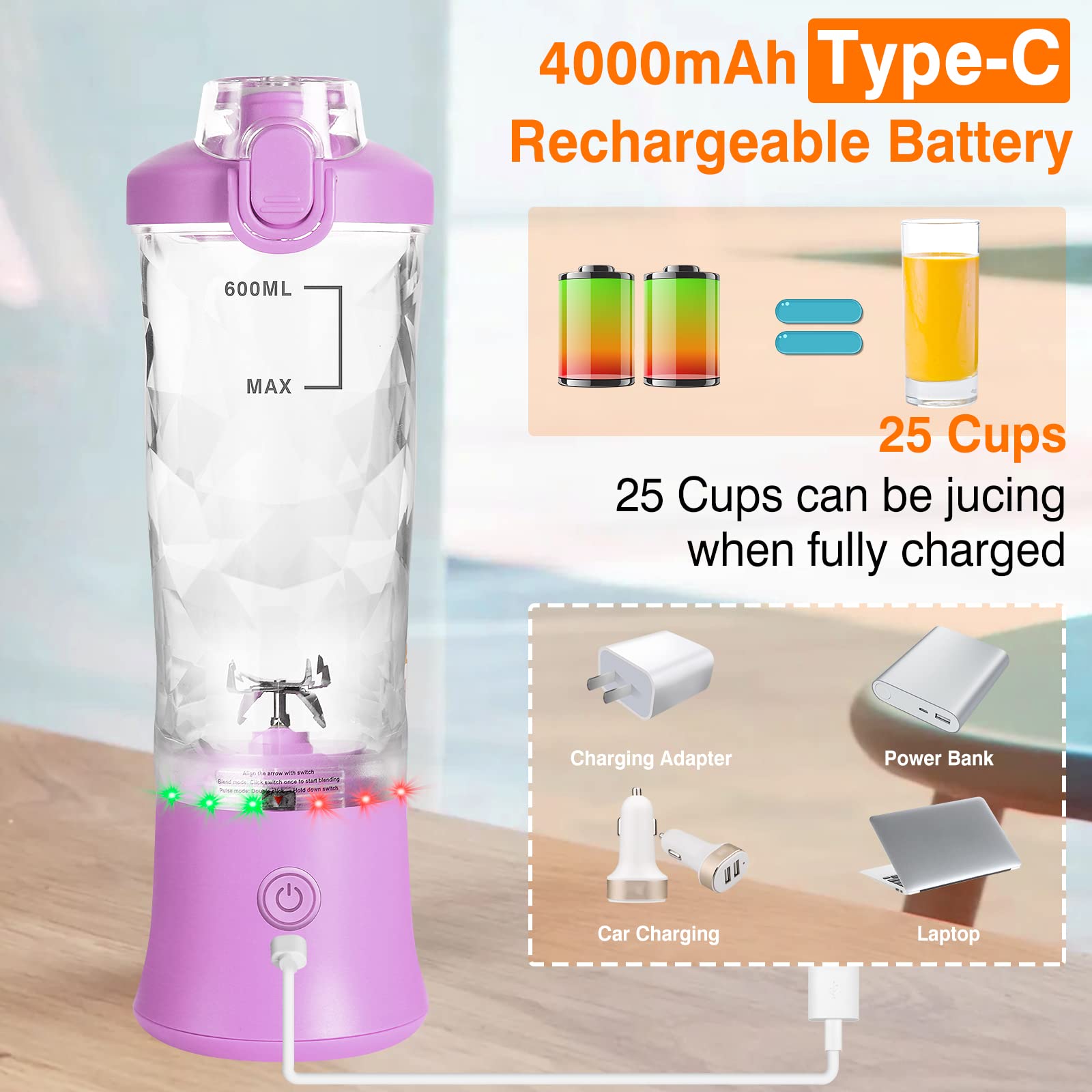 Frullatore Portatile USB Ricaricabile - 600ml, 6 Lame Acciaio, Per Smoothie E Viaggi - Foto 3