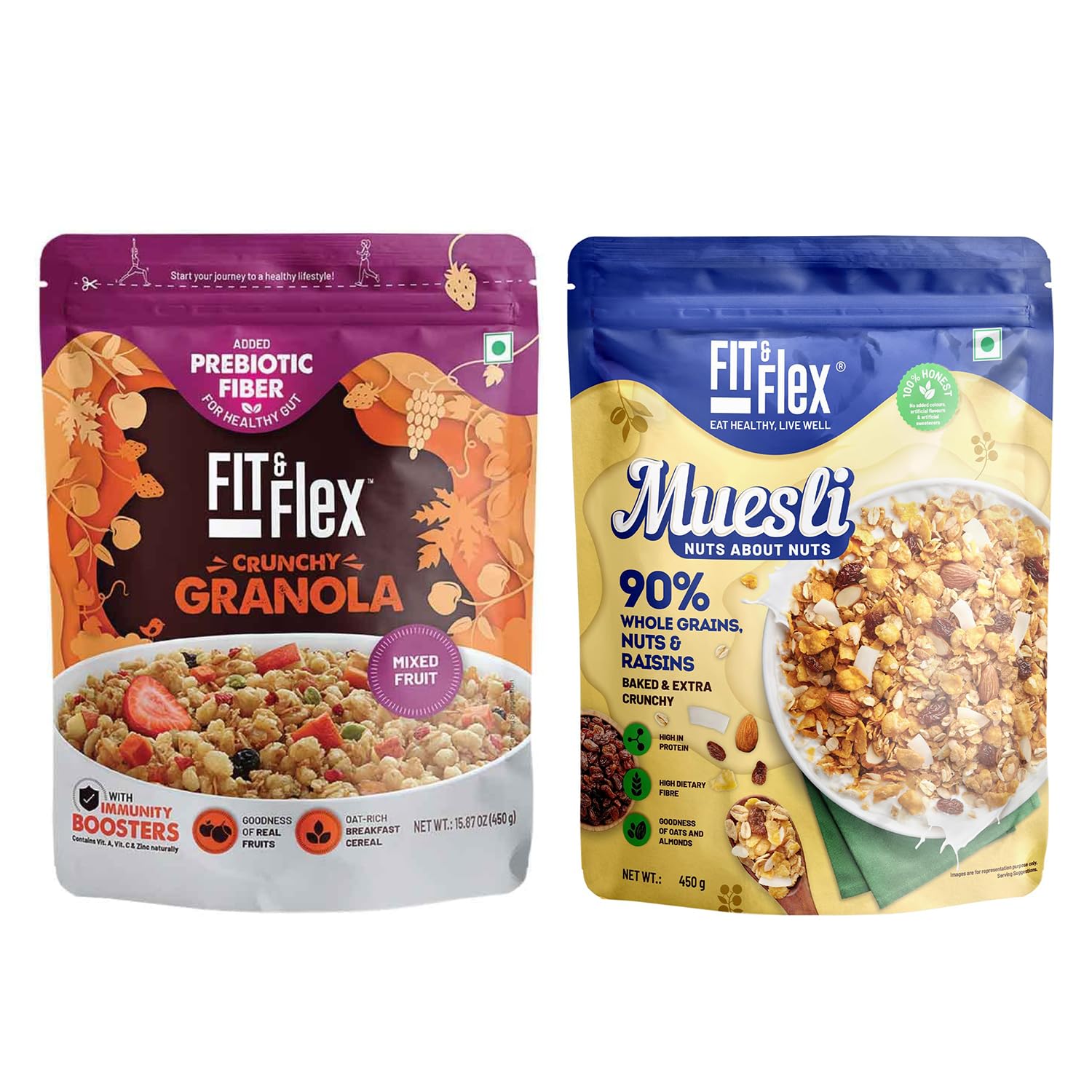 FIT & FLEX Baked Crunchy Mixed Fruit Granola (450 g) And Nuts About Nuts Muesli (450 g) - As Seen on Shark Tank India - 900 g (Breakfast Combo Pack of 2)