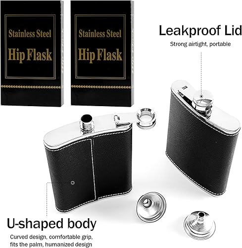 Miniatura 3 de Paquete de 2 frascos de cadera para licor negro con patrón de lichi negro de 8 onzas, embudo a prueba de derrames, copa de vino con 2 embudos para