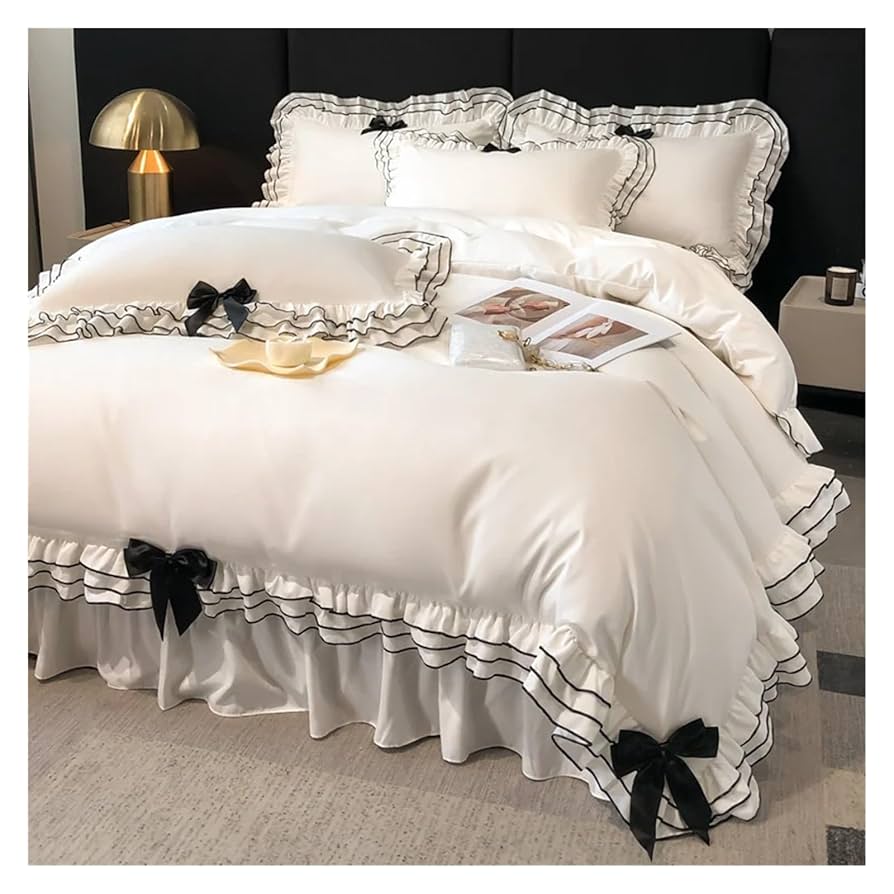 Amazon｜ベッドキルトセット, ホワイト韓国スタイルレースフリル