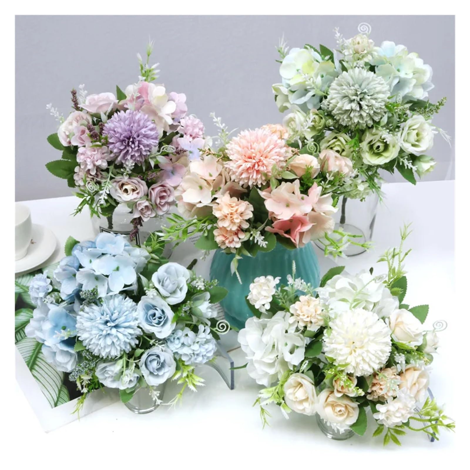 1 mazzo di fiori artificiali, vari bouquet di rose in seta, ortensia peonia, per contenere fiori finti, matrimonio in famiglia (bianco)