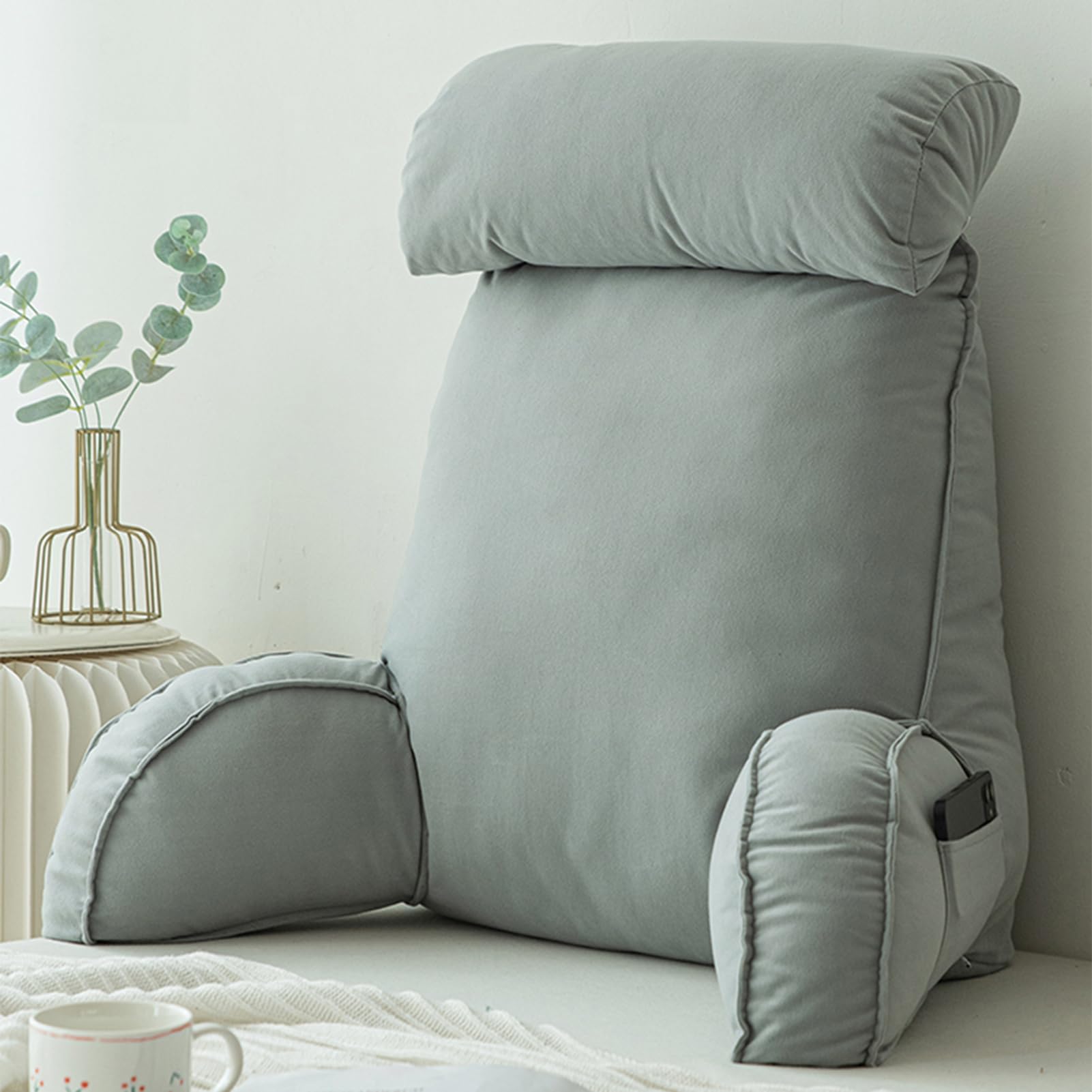 HAOYUES Reading Pillow For Bed Reading Cushion Detachable Neck Roll And Storage Pockets Soft Back Support Cushion Home Office Reading Pillow For Sofa Chair Bed Watching TV/Gaming Pillow
