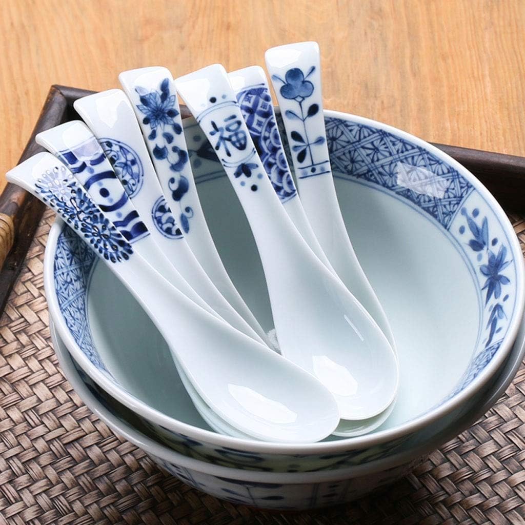 Tablespoons Ceramic Soup Spoon Japanese Style Extended Noodle Soup Spoon Tableware Porcelain Soup Spoon 6.7 Inches Long Serving Spoon (B)