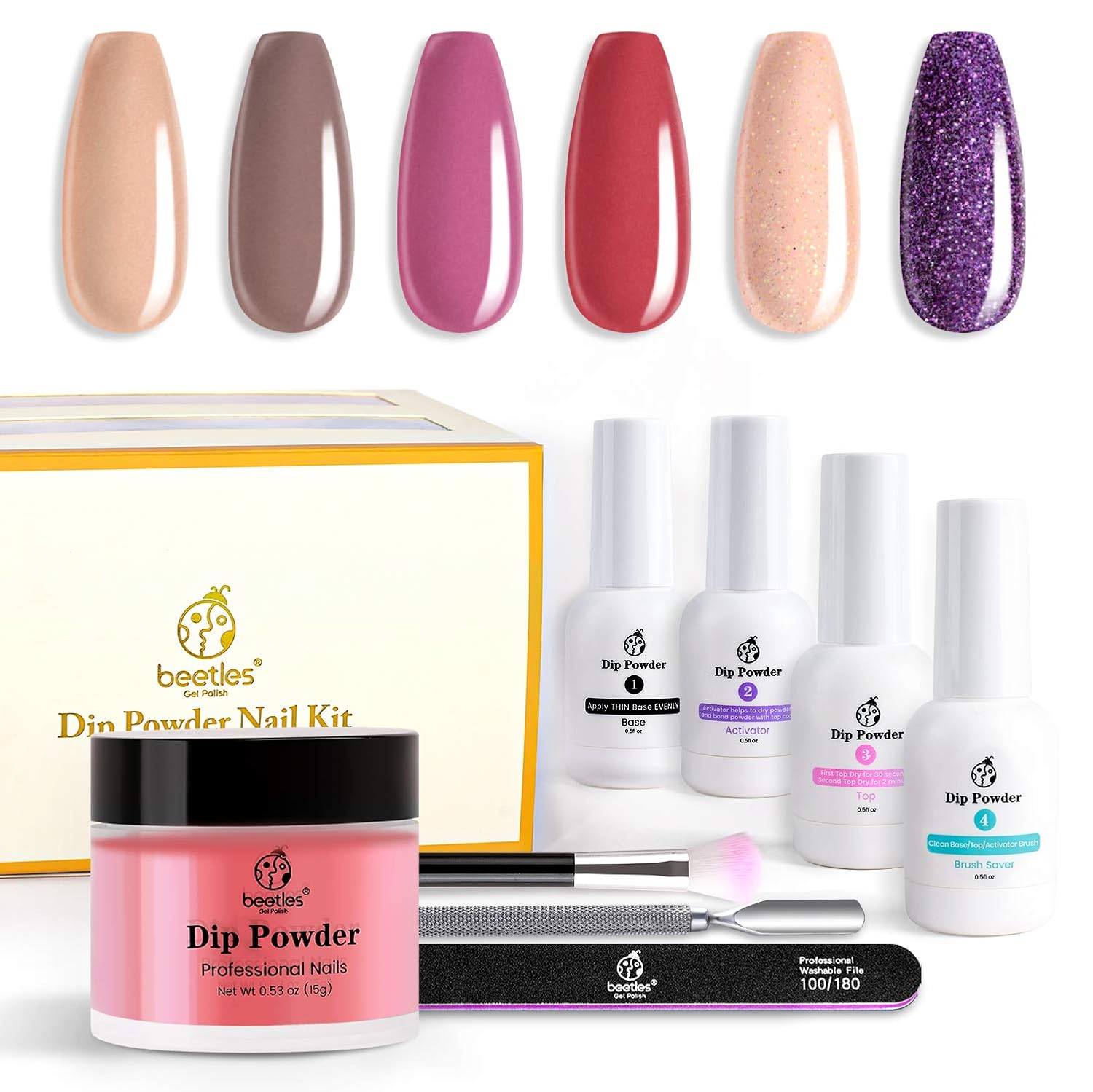 Beetles Dip Powder Nail Starter kit Dipping Powder System Starter Nail Kit with Liquid Essential Tools Set, French Nail Manicure Nail Art Set Essential Kit, No UV/LED Lamp Needed, 0.53 fl.Oz/each