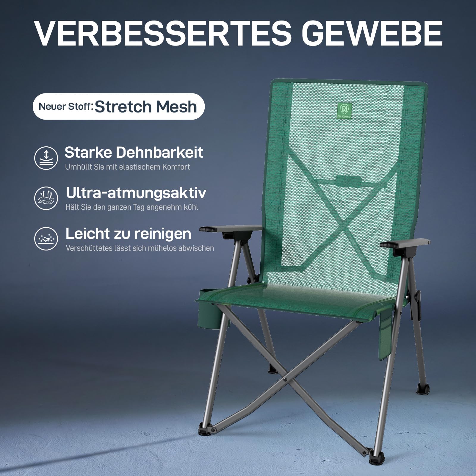 EVER ADVANCED Campingstuhl Faltbar Rückenverstellbar in 4 Positionen Klappstuhl Hohe Lehne bis 160KG, Gartenstuhl aus Netzgewebe mit Seitentasche Getränkhalter, Anglerstuhl für Camping Garten Balkon