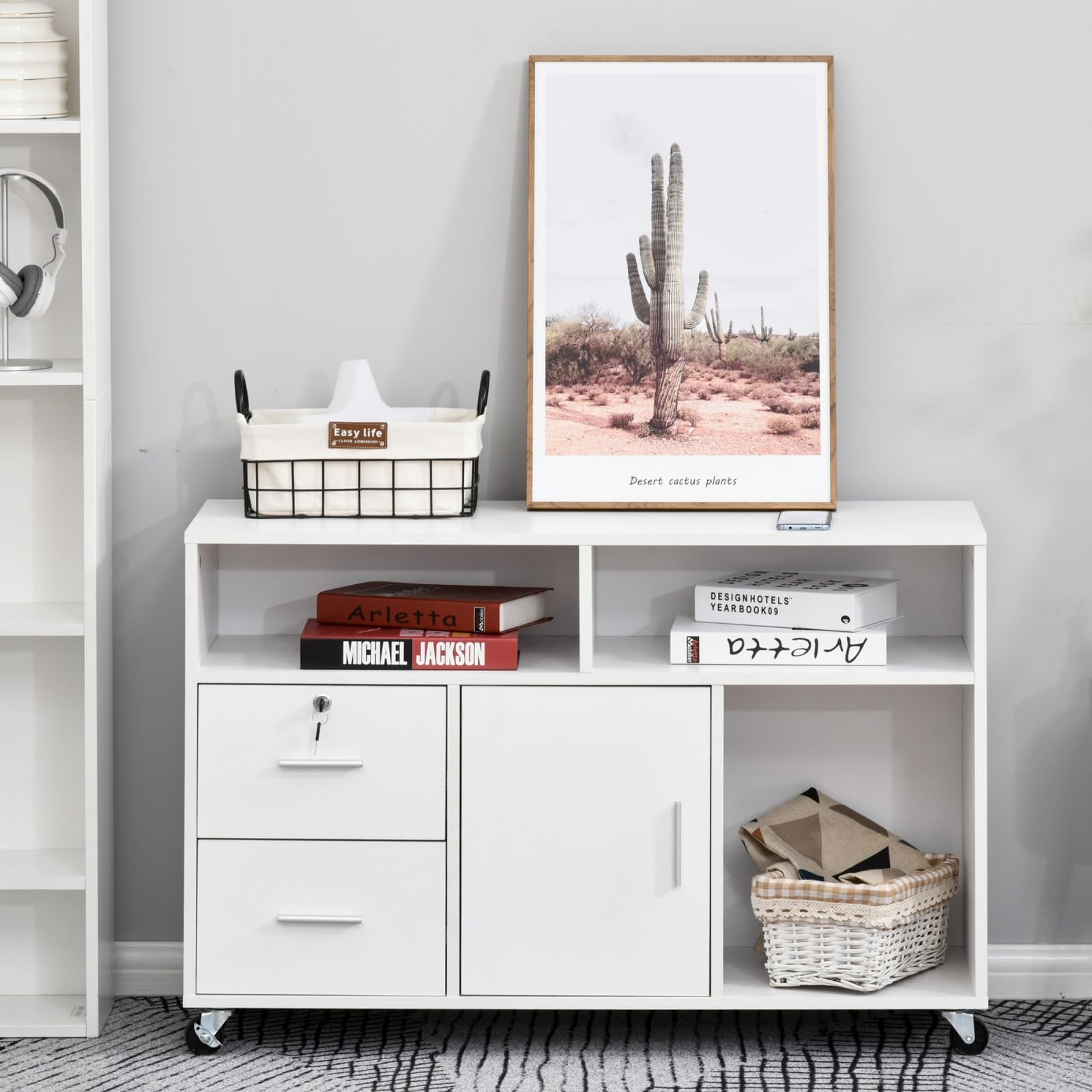 Printer Stand, White Home Office Mobile Cabinet Organizer with 4 Caster Wheels, 3 Shelves, 2 Drawers &amp; Storage Cabinet, Fit Printer/Files/Office Supplies, 39.3x13.8x25.5 Inches