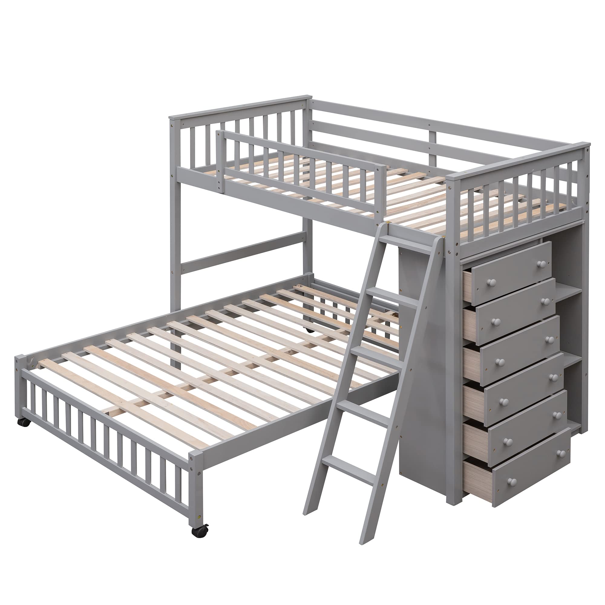 BIADNBZ Twin Over Full Bunk Bed with Six Drawers and Flexible Shelves ...