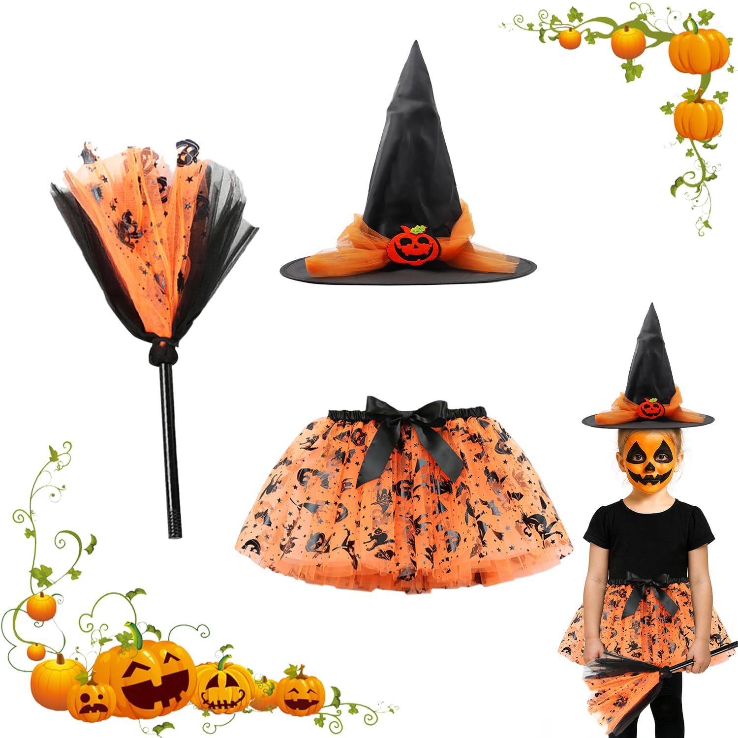 ALLY-MAGIC Halloween Witch Tutu Outfit, 3-Piece Witch Costume Set with Hat Skirt Broom for Kids Girls Halloween Cosplay Party Y8WSZBSJT