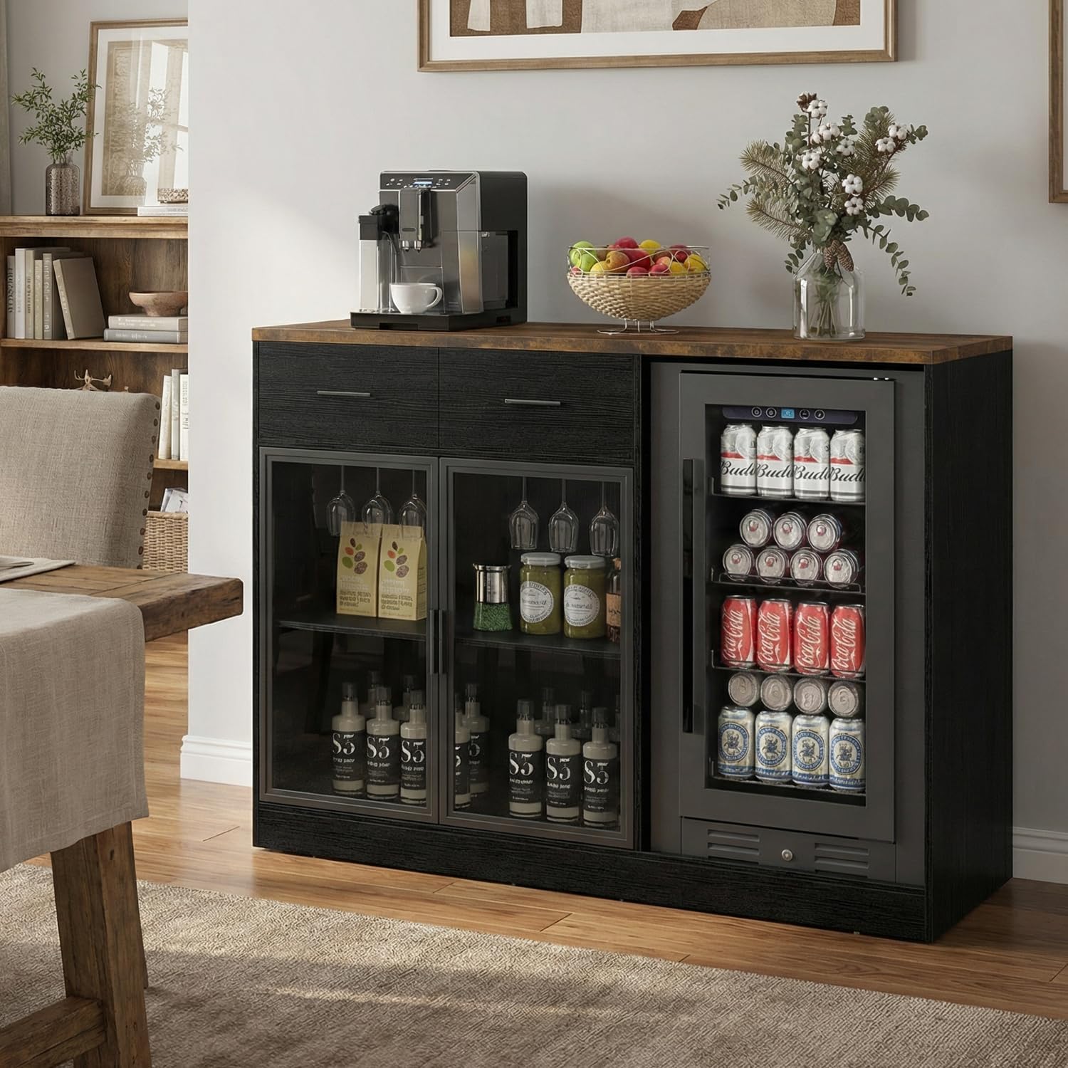 Bar Cabinet with Fridge Space, 53 Inch Coffee Bar Cabinet with Power Outlet & LED Lights, Wine Bar Buffet Sideboard with 2 Drawers for Living Room, Dining Room, Rustic Brown