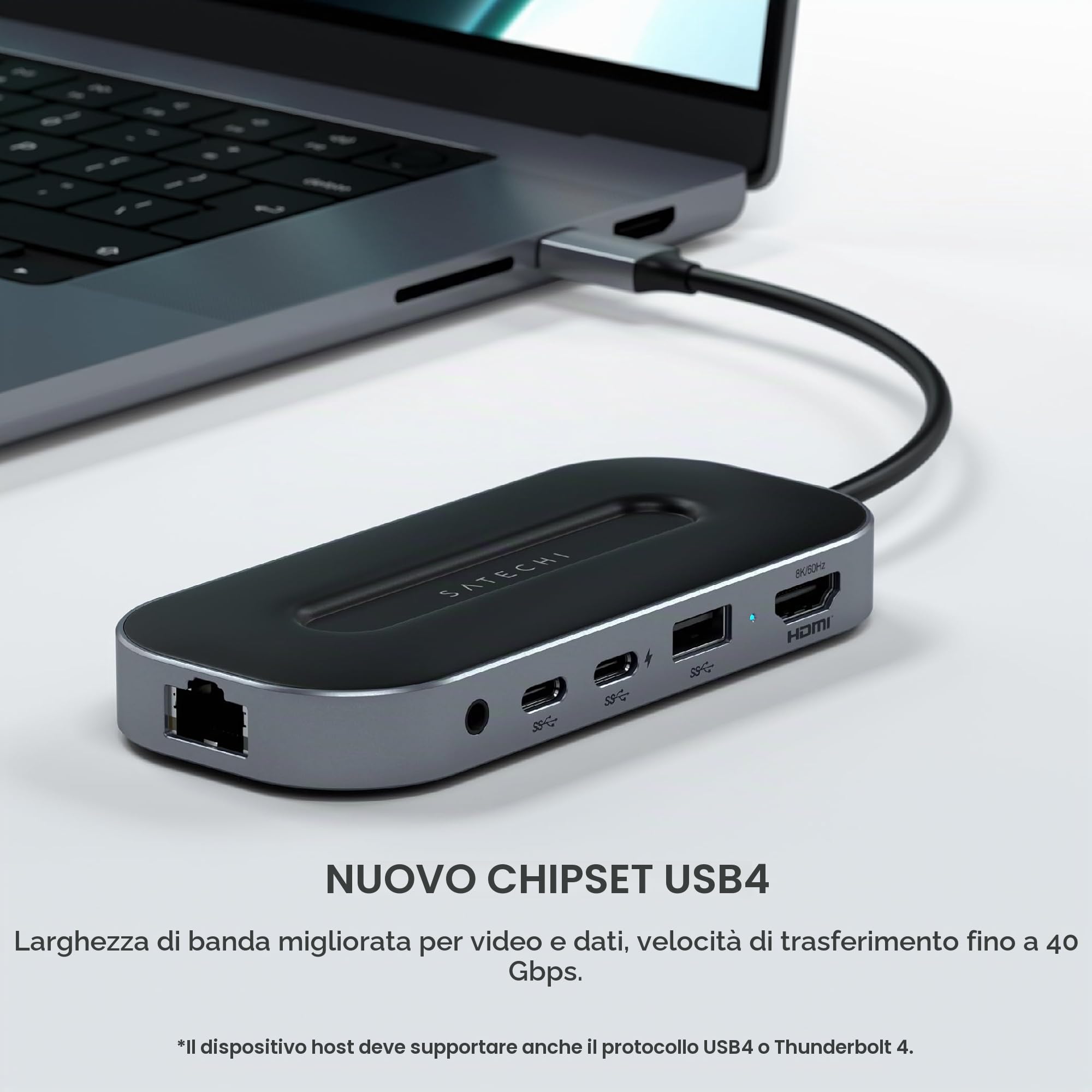 SATECHI Hub USB4 6 in 1 Multiporta, 40Gbps, HDMI 8K, PD 100W | 2x USB-C e 1x USB-A a 10Gbps, Ethernet Gigabit, jack audio 3,5 mm, per MacBook Air/Pro/Neo e PC Windows
