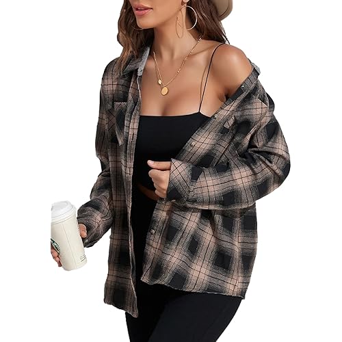 KevaMolly Plaid Flannel Shirts for Women Loose Fit Boyfriend Button Down Shirt Long Sleeve Casual Flannel Blouse Tops