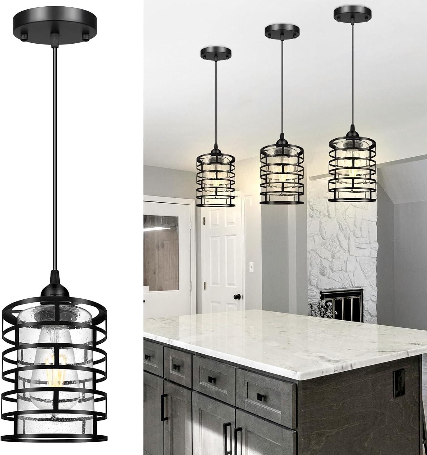 Industrial 3 Pack Pendant Light, Adjustable Pendant Light Fixture in Black Finish Cage, Farmhouse Chandelier with Clear Glass, Modern Hanging Light for Kitchen Island Dining Room Hallway B02-Black-3Pack