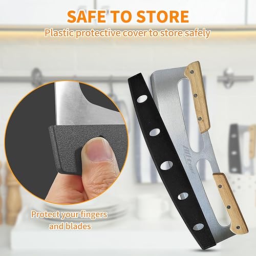 Miniatura 7 de ALLTOP Cortador de pizza, cuchillo de hoja de acero inoxidable con doble mango de madera y cubierta de plástico, rebanadora/picadora de pizza