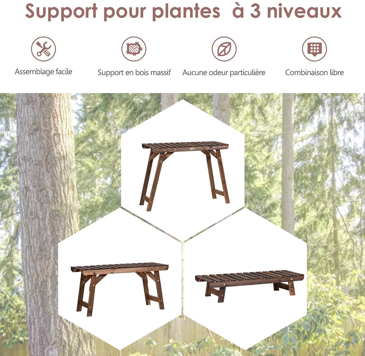RELAX4LIFE Lot de 3 Étagères en Bois Carbonisée pour Plantes | Lot de 3 Supports de Pots de Fleurs, Charge Max 30 KG pour Balcon, Terrasse, Salon, Jardin