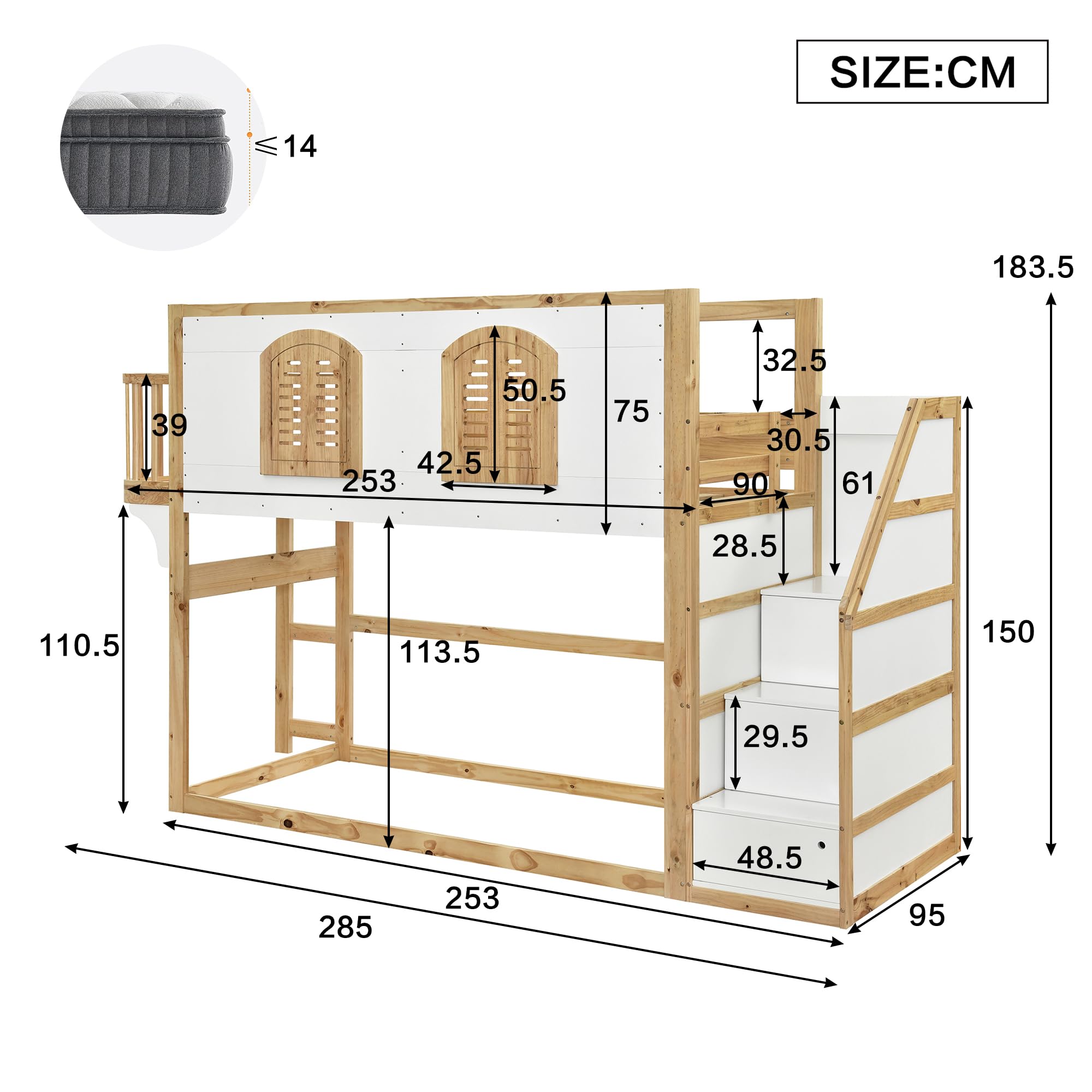 Kinder-Hochbett 90x200 cm, Massivholz Weiß & Natur, Treppenschrank, Spielfläche, Fenster, Sicherheitsgeländer, Lattenrost