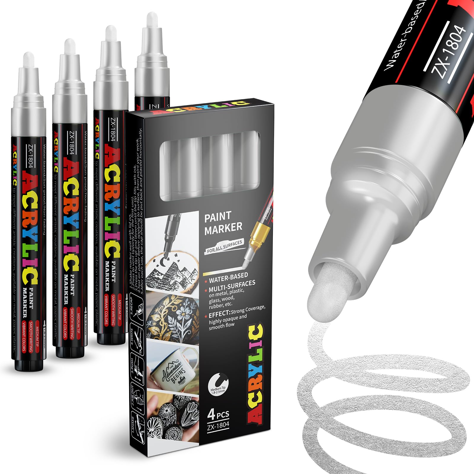 Alitastro Silver Paint Marker Pens - 4 Pack Medium Tip Acrylic Paint Markers, Waterproof & Quick Drying Water-based Marker Pen for Rock Painting, Tires, Wood, Plastic, Canvas, Mugs, Stone