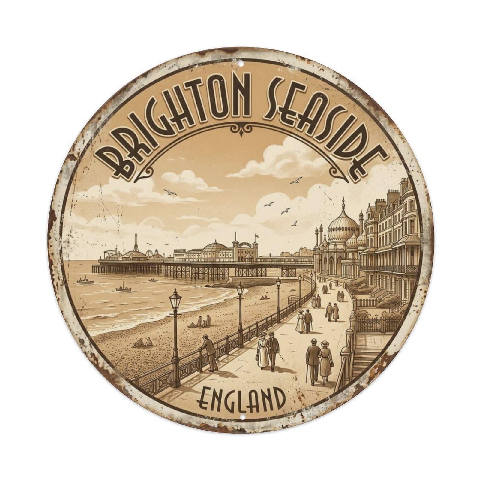 Fqcyn Style Vintage Travel Brighton Seaside England Metal Tin Sign Plaque Wall Decor For Cafe, Club Bar, Office, Home Garden Round Metal Poster 8X8inch