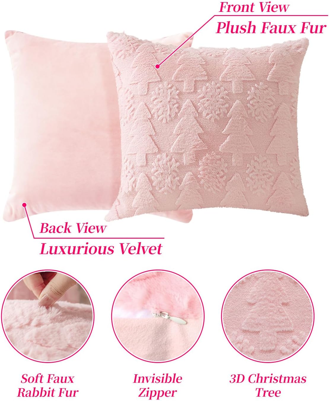Christmas Pillow Covers 18x18 inch Set of 2,Christmas Tree Faux Fur Luxury Throw Pillow Covers Pink Cute Soft Plush Pillow Case for Cough Sofa Holiday Festivals Winter Home Decor - Image 3