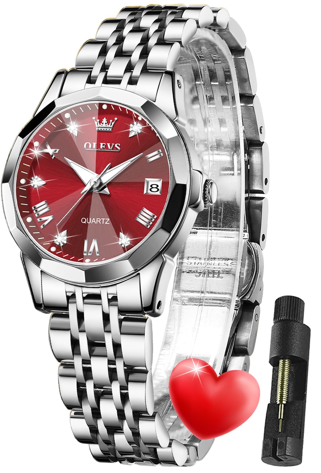OLEVS Damen Uhr Quarzuhr mit Diamant Edelstahlarmband Wasserdicht Datumsanzeige Elegante Damenuhr für Frauen Geschenke zum Muttertag