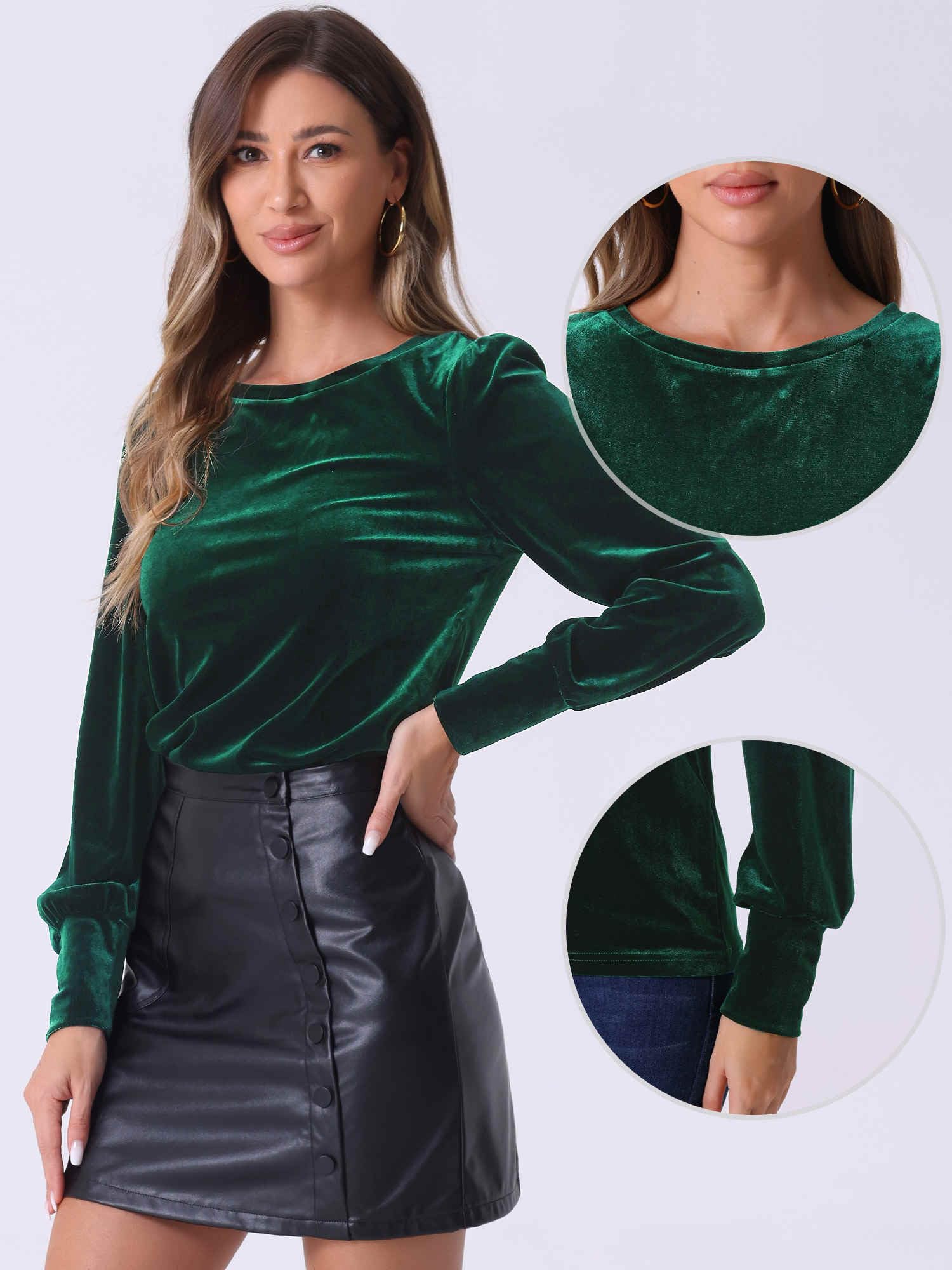 Allegra K Haut en velours pour femme à col rond et manches longues bouffantes décontracté pour l'automne et l'hiver