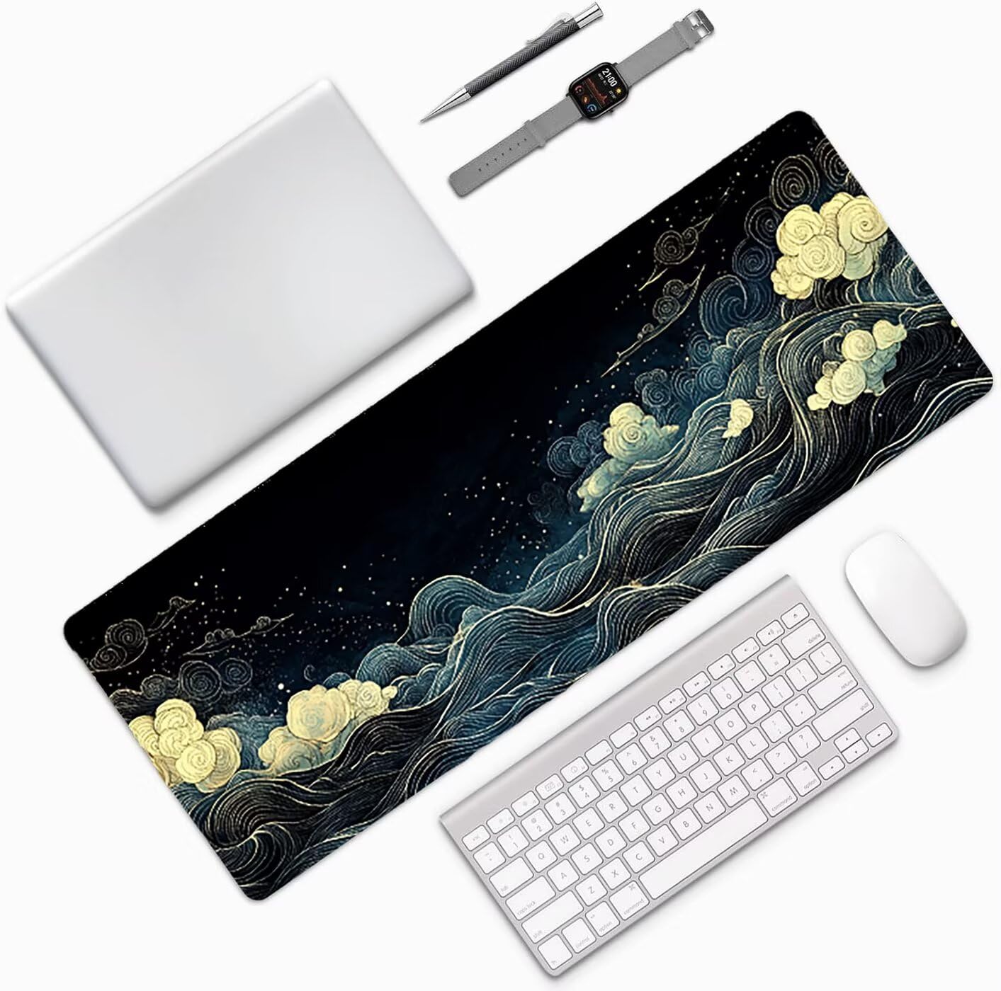 Lpfieonn Wellen Schreibtischunterlage XXL, Schwarz Schreibtischunterlagen Großes, Gaming Mousepad XXL mit ernähter Rand und Rutschfeste Gummibasis, Desk Mat für PC/Laptop/Mausa 120x60cm PF-2232