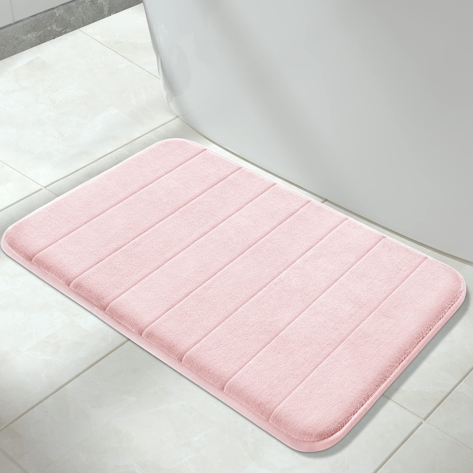YimobraMemory Foam Bath Mat Large Size, 31.5 x 19.8, Super Soft Non-Slip Bathroom Rug, Water Absorption, Machine Wash, Thick, Comfortable, Easier to Dry for Bathroom Mat, Tub and Shower, Soft Pink