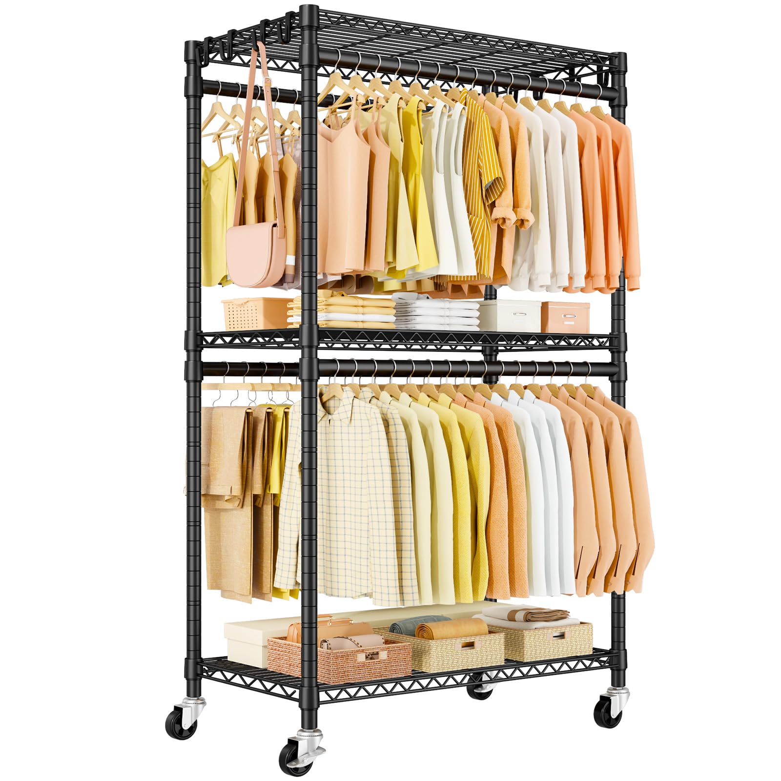 P5 Rolling Clothes Rack Heavy Duty Clothing Racks for Hanging Clothes Metal Garment Rack with Wheels 3-Tier Portable