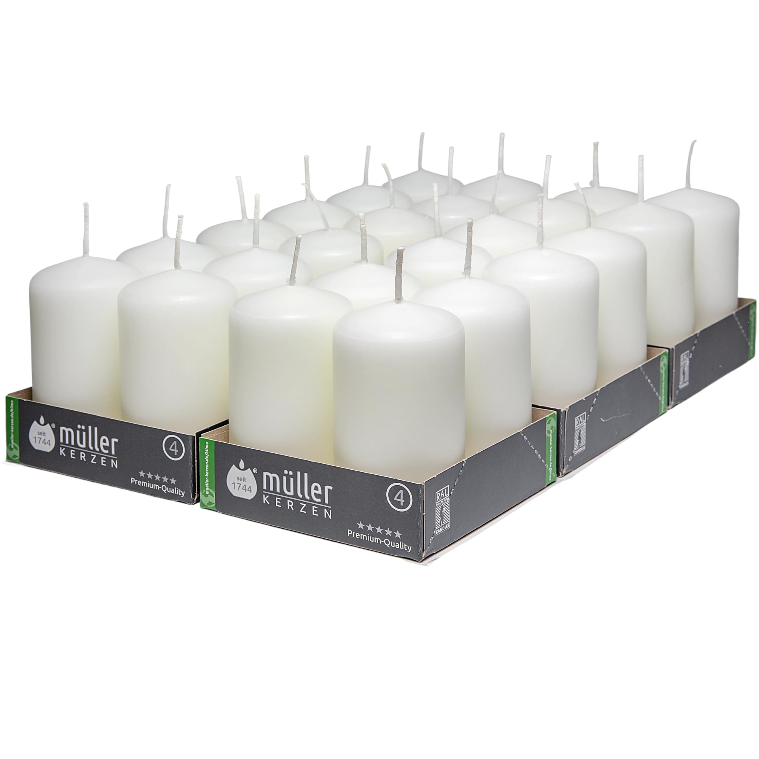 Müller Kerzen - Lot de 24 Bougies Piliers Blanches - Ø 48 x 90 mm - 16 Heures Longue Durée - Cire Sans Parfum, Anti-Goutte, Non Toxique - Bougie Décorative Pour la Maison, Mariage - Qualité RAL