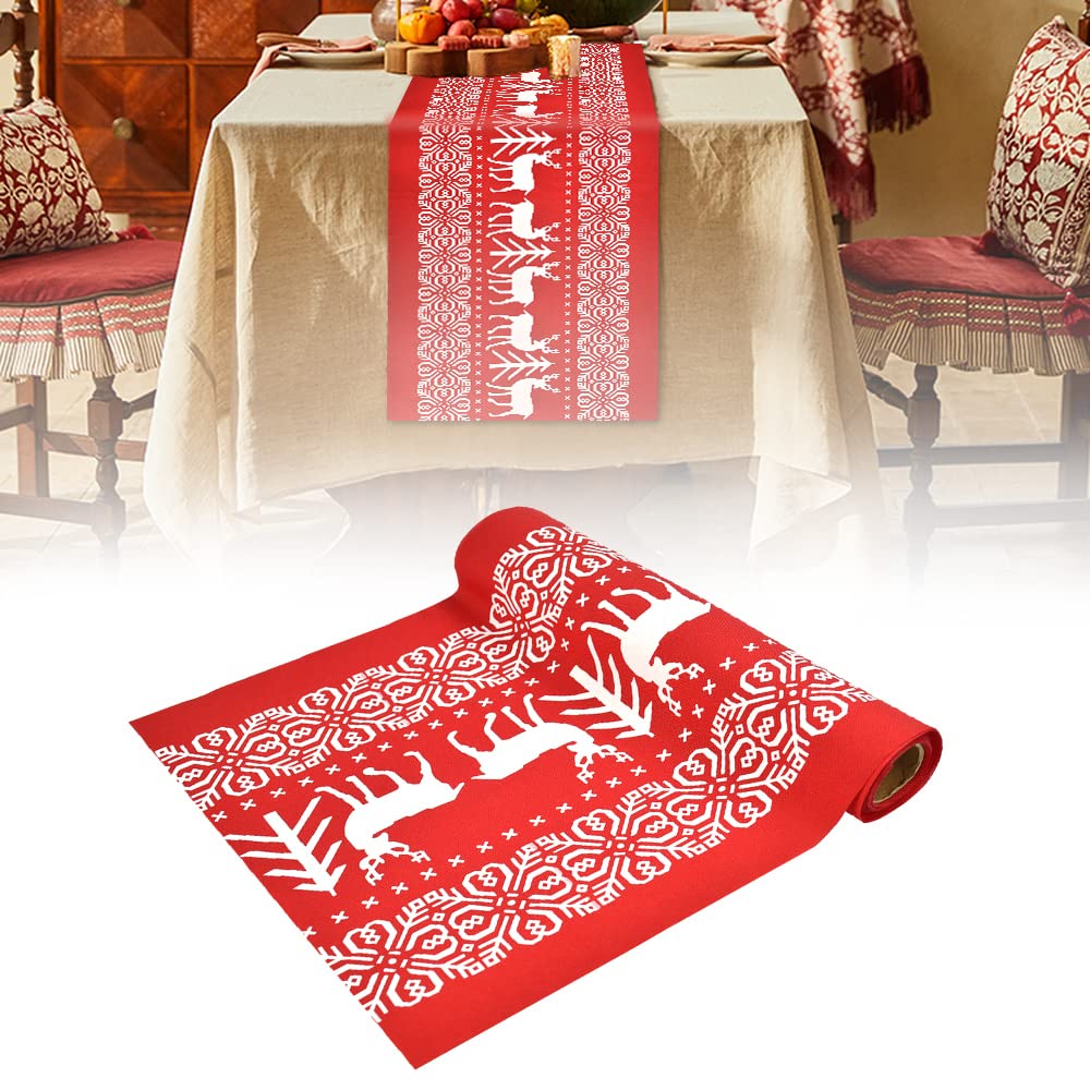 DURANTEY Camino de Mesa Navideño Camino de Mesa de Navidad Rojo y Blanco con Diseño de Renos Mantel de Camino de Mesa Navideño Rectangular 275*28cm Tapetes Mantel Navidad para Decoración de Mesa