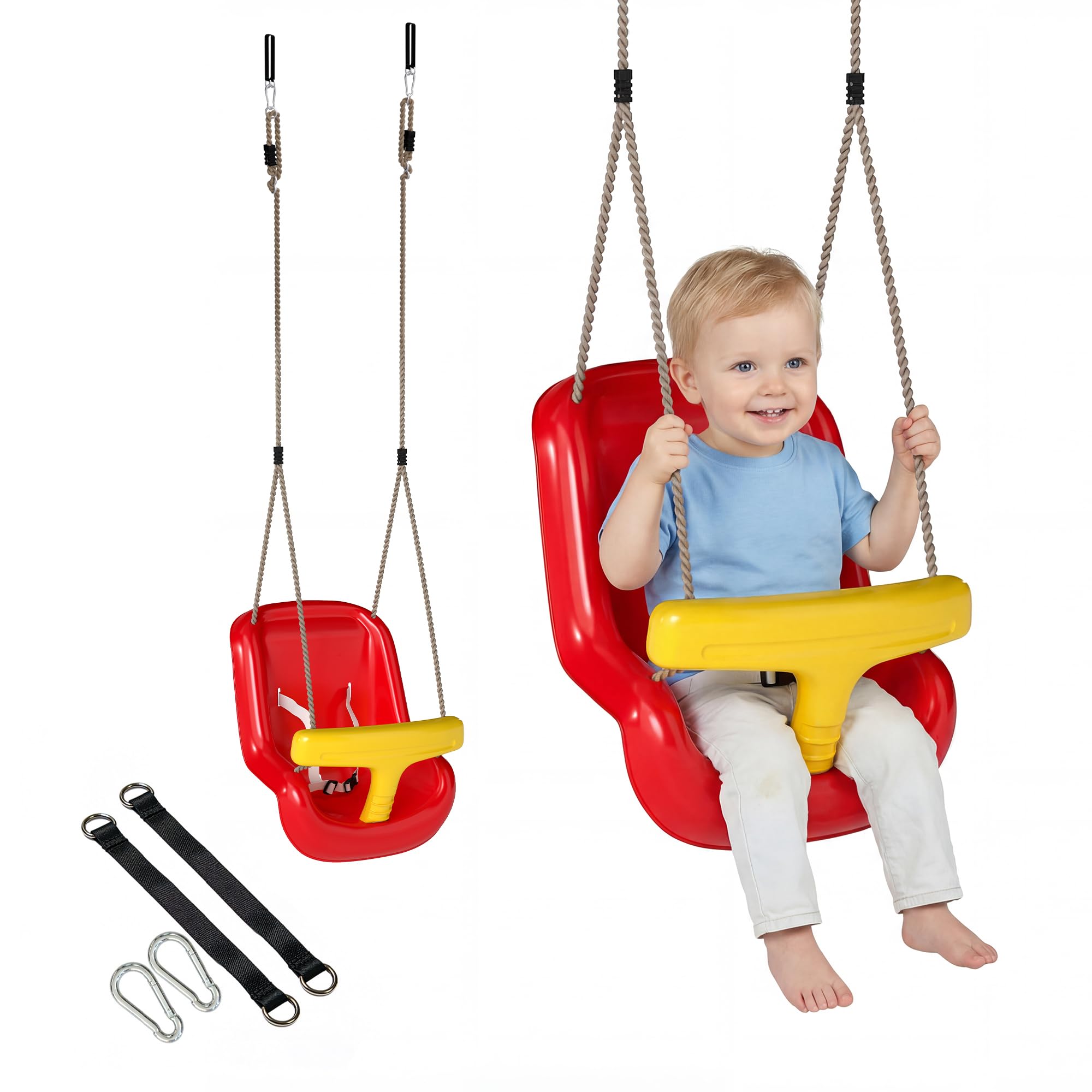 AIYAPLAY Kids Swing, Adjustable Rope Swing with High Back, Safety T-Rail, for Indoor, Outdoor, Red