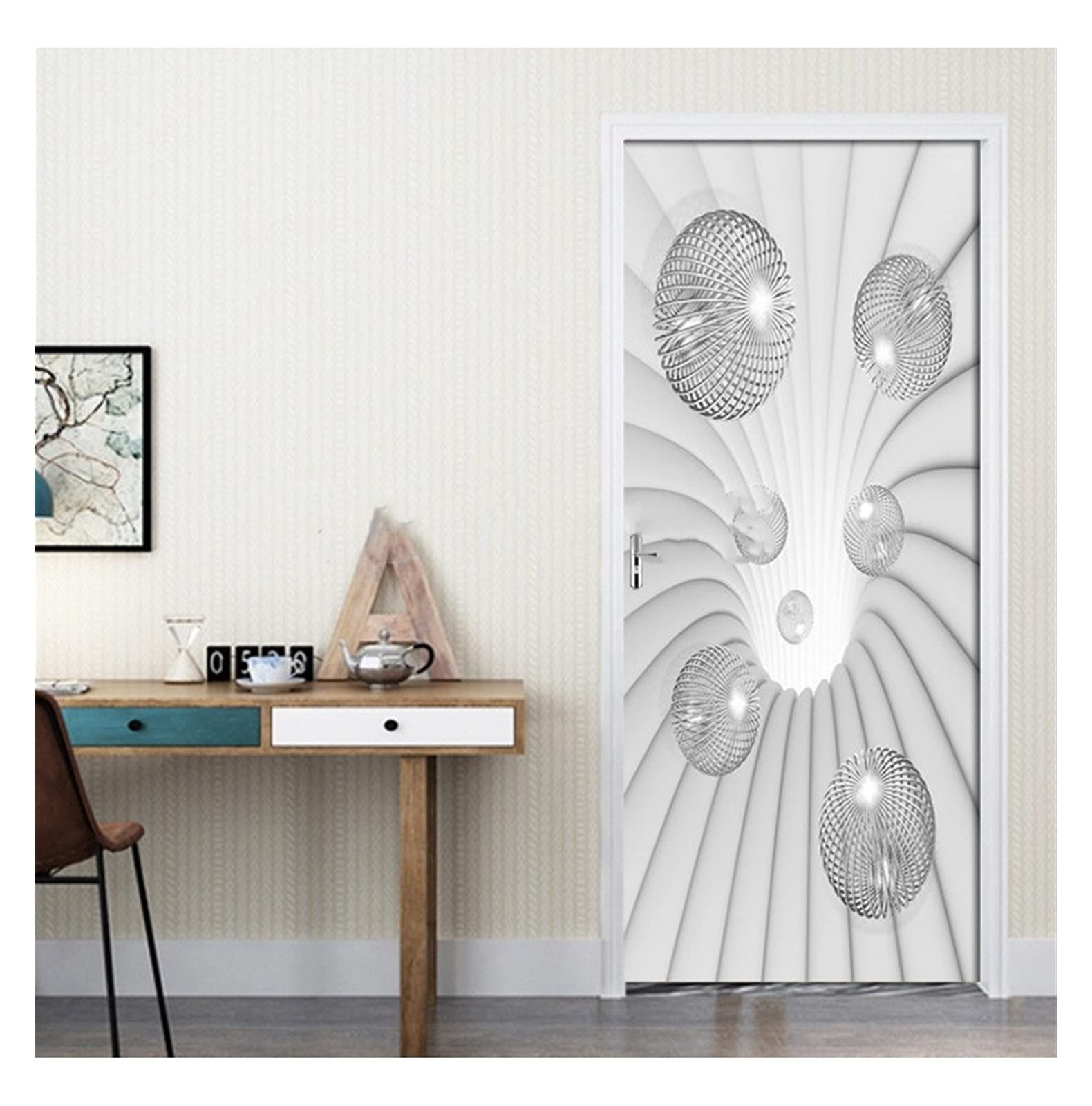 Stickers décoration salon cuisine 3D autocollant mural trompe l'œil boule blanche 95x215