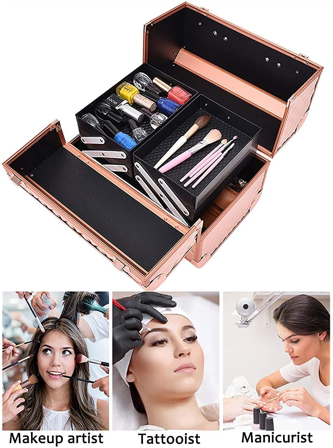 Adson Professional Makeup Box Cosmetics Case Jewelry Organiser Vanity Make Up Storage Box Beauty Train Case Lockable with Keys (Copper) - Image 7 thumbnail
