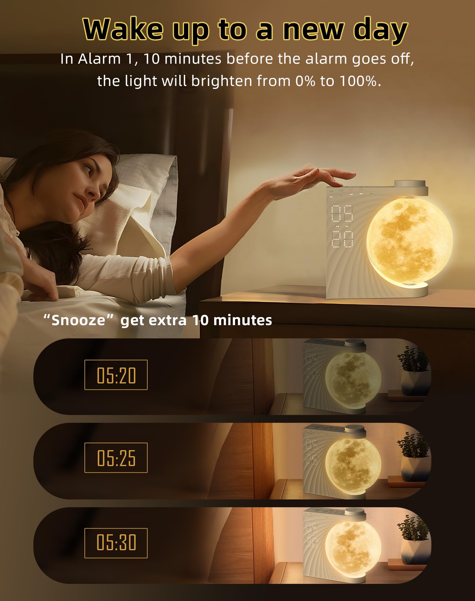Lampa księżycowa z budzikiem, Obrotowy budzik świetlny, Księżycowy budzik obrotowy, 10 kojących dźwięków z kolorowym trybem oświetlenia,Podwójne alarmy, Funkcja drzemki, Światło budzenia