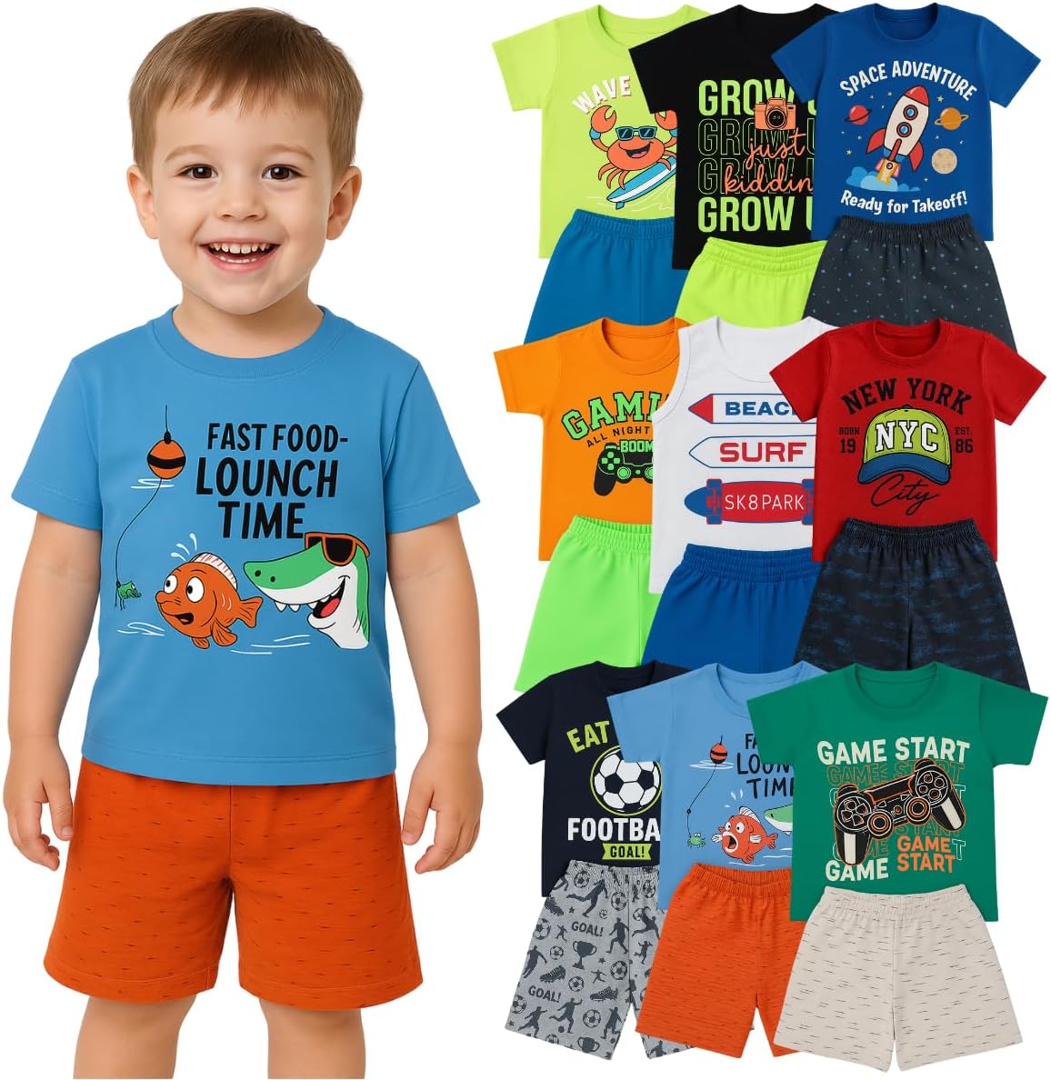 Kit 6 Peças Infantil Menino Verão Conjuntos Blusa e Short em Algodão, Roupas Leves e Confortáveis, Moda Infantil Masculino, Looks Casuais e Coloridos 1 a 8 Anos