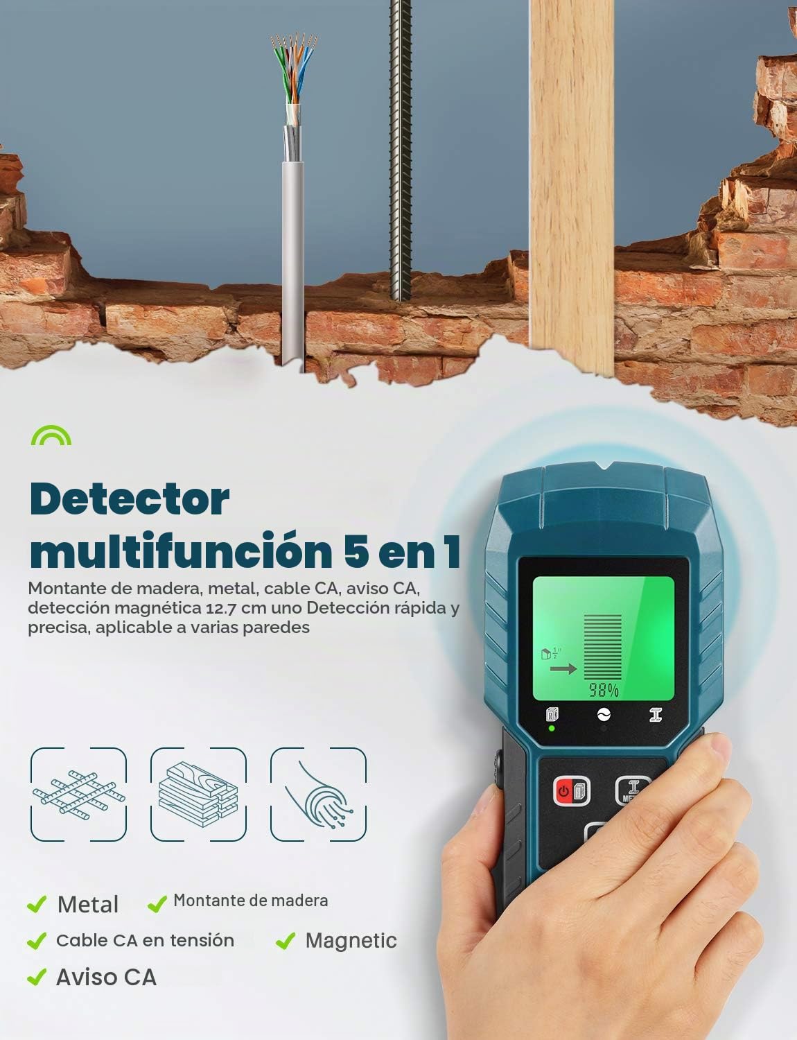 Detector digital 5 en 1 de tubos y cables de CA eléctricos, pantalla LCD, alerta sonora, madera/metal/magnético o no
