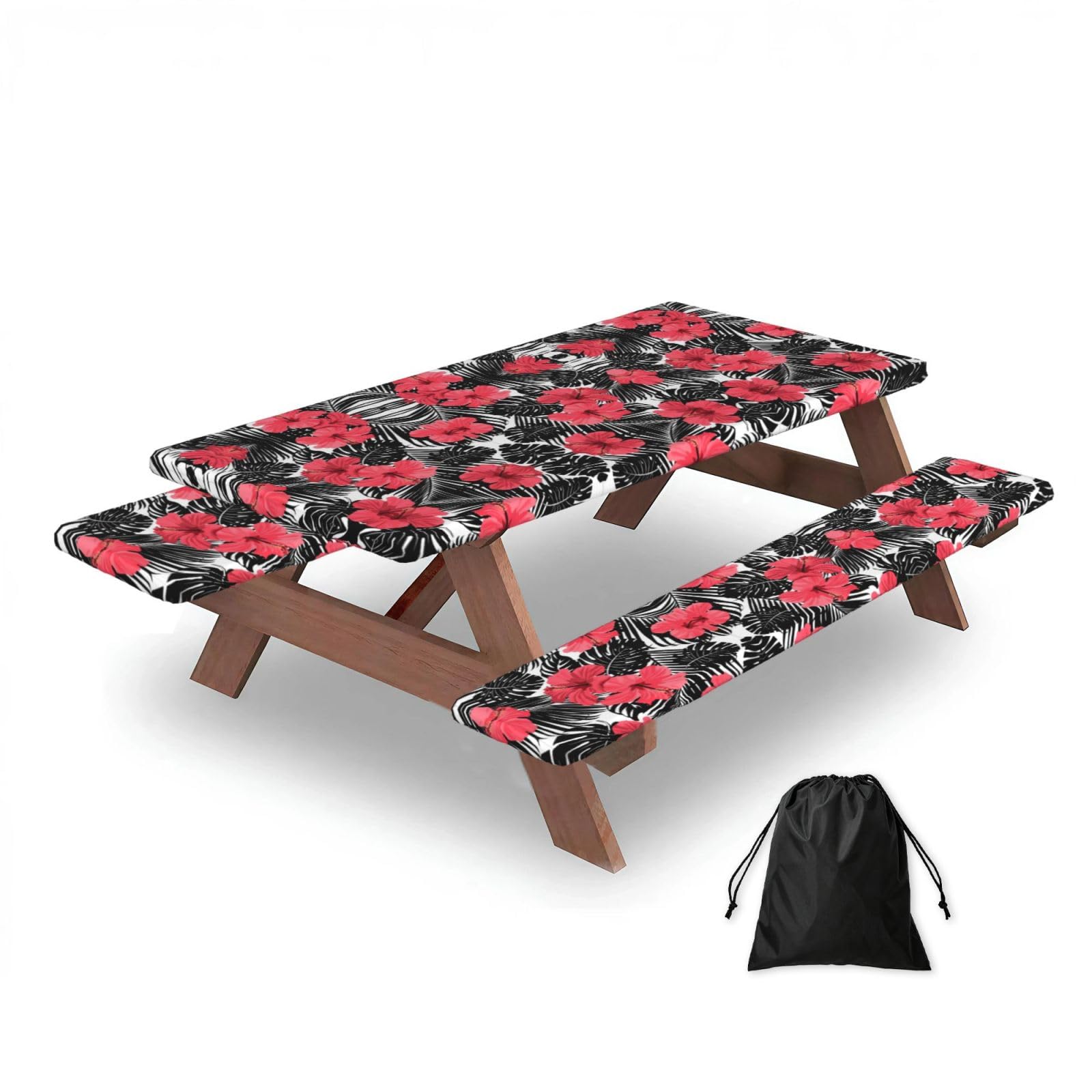 Zqytgfdc Black Red Hibiscus Rectangular Water-Repellent Picnic Tablecloths, Outdoor Camping, Picnic, Bbq