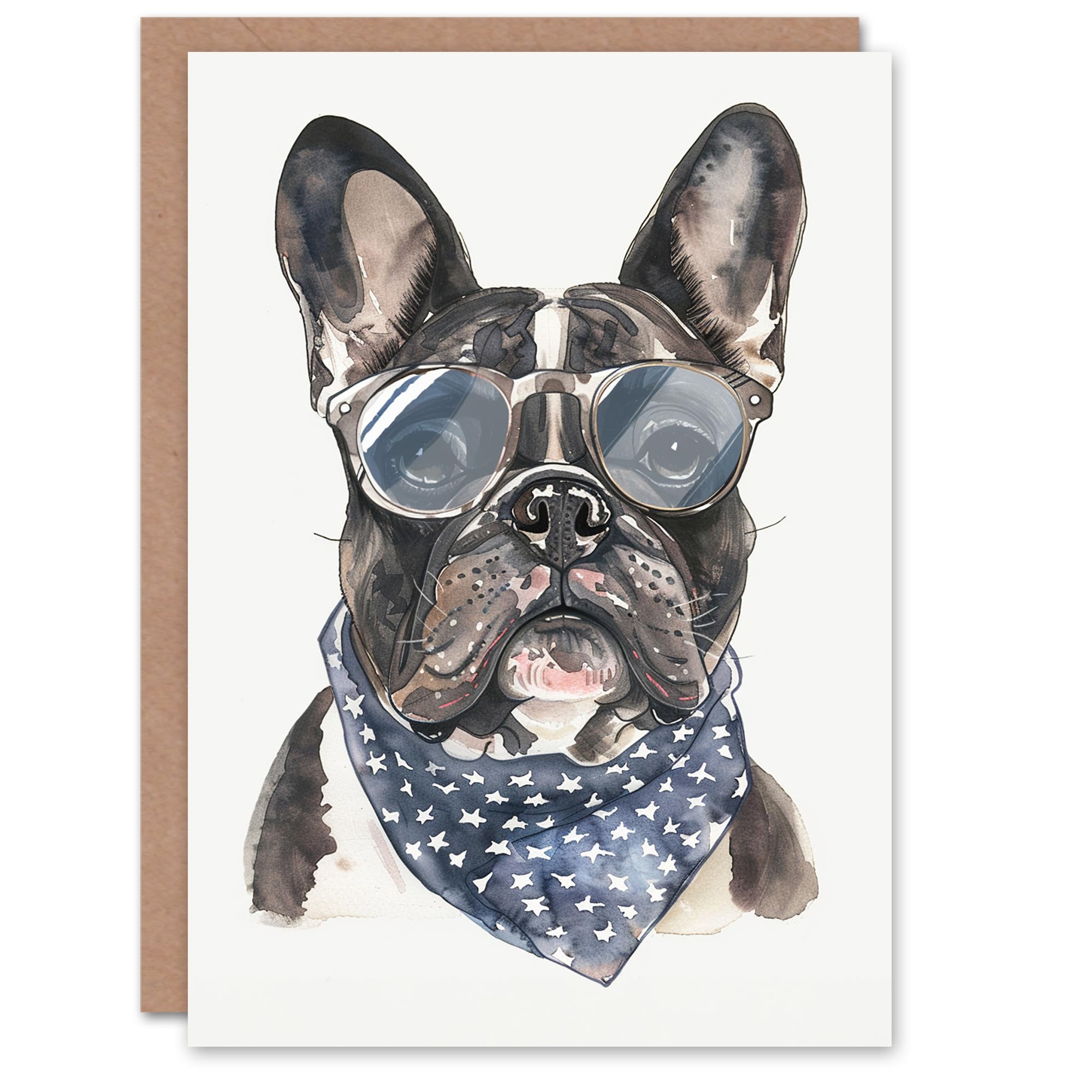 Artery8 Dog Lover French Bulldog Sunglasses and Bandana Blank For Him Or Her Art Birthday Card