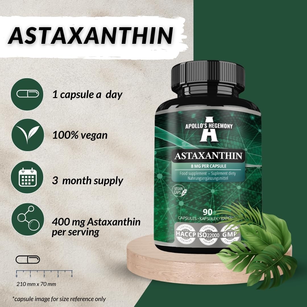 Astaxantina 8 mg da microalghe Haematococcus pluvialis - 90 capsule vegane - 3 mesi di fornitura - Potente antiossidante - Integratore alimentare - Apollo's Hegemony
