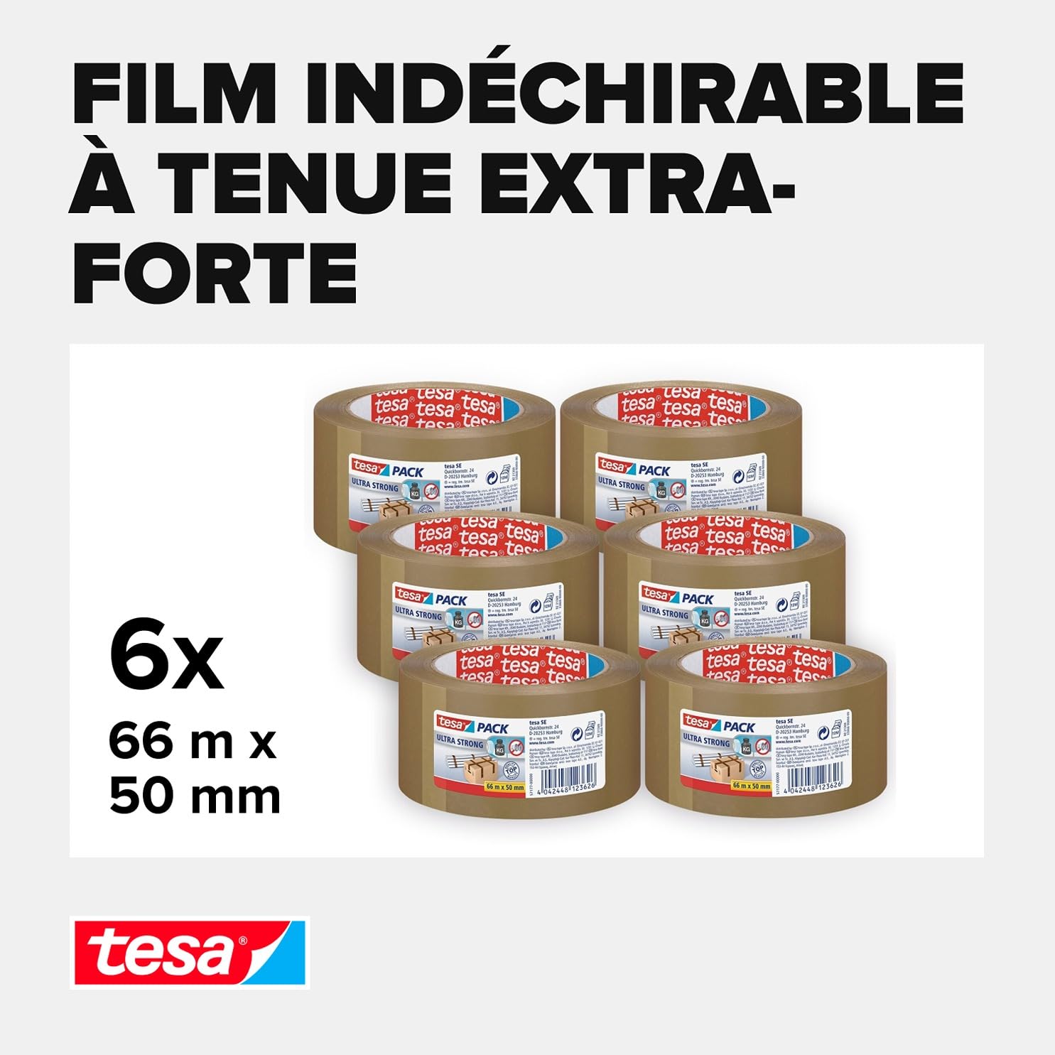 tesapack Ultra Strong - Ruban Adhésif d'Emballage en PVC Solide et Sécurisé - Marron - 65 m x 50 mm, Lot de 6