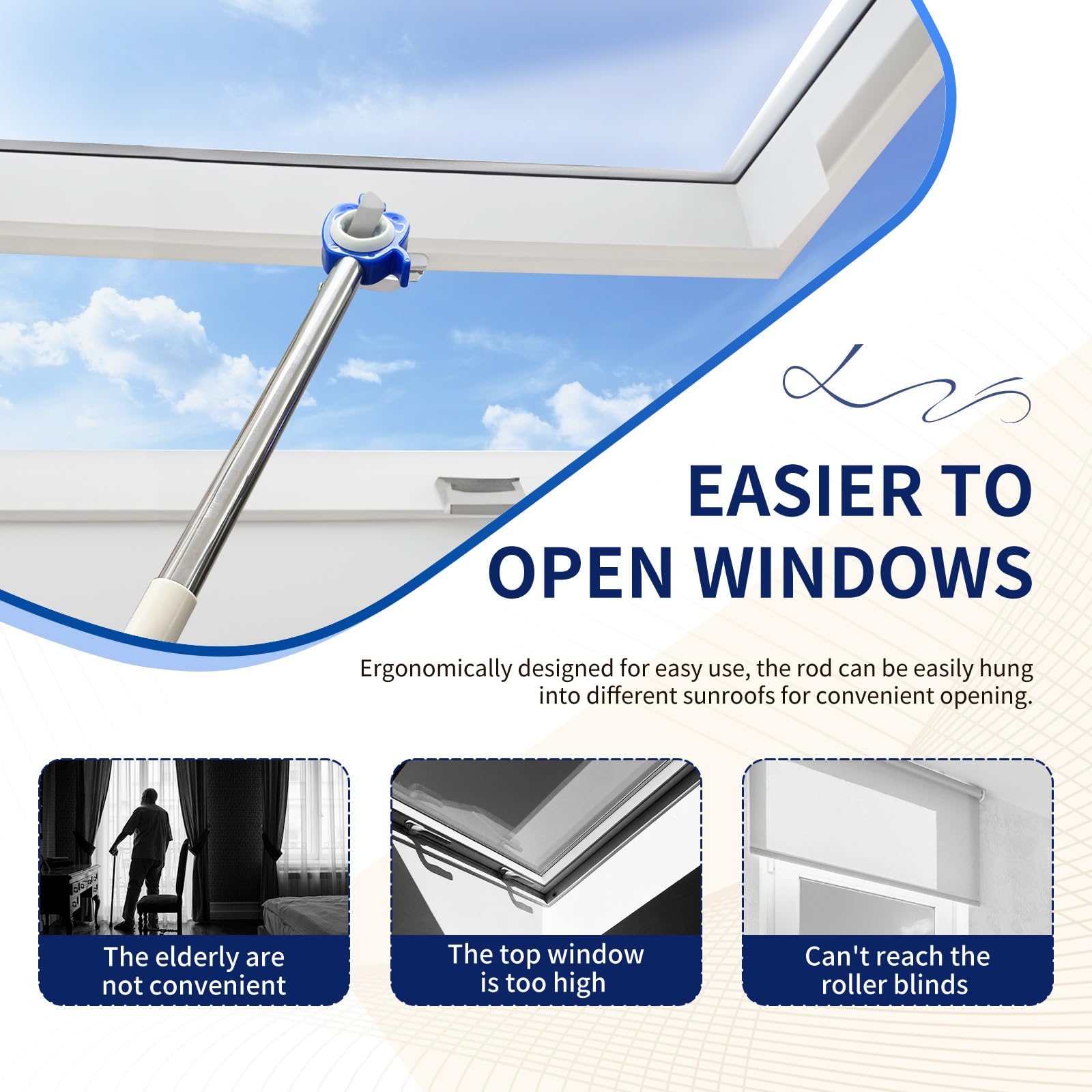 Extension de poignée de fenêtre de toit en acier inoxydable avec crochet à tige