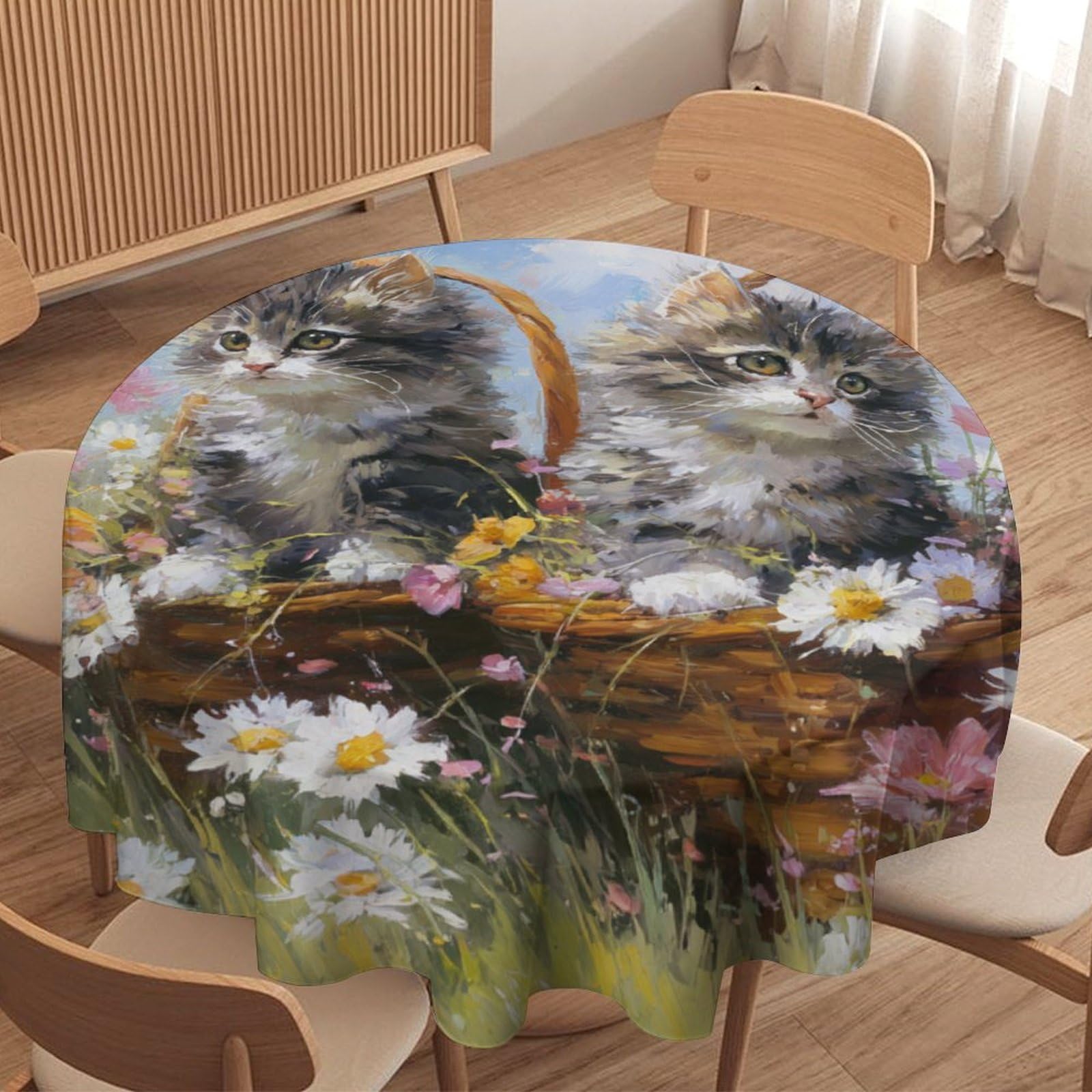 LUYYSKY Cute Classic Cats Waterproof Round Tablecloth Modern Art Spring Garden Daisies Flowers Animals Kittens Print Washable Table Cover for Kitchen-70 Wx70 L