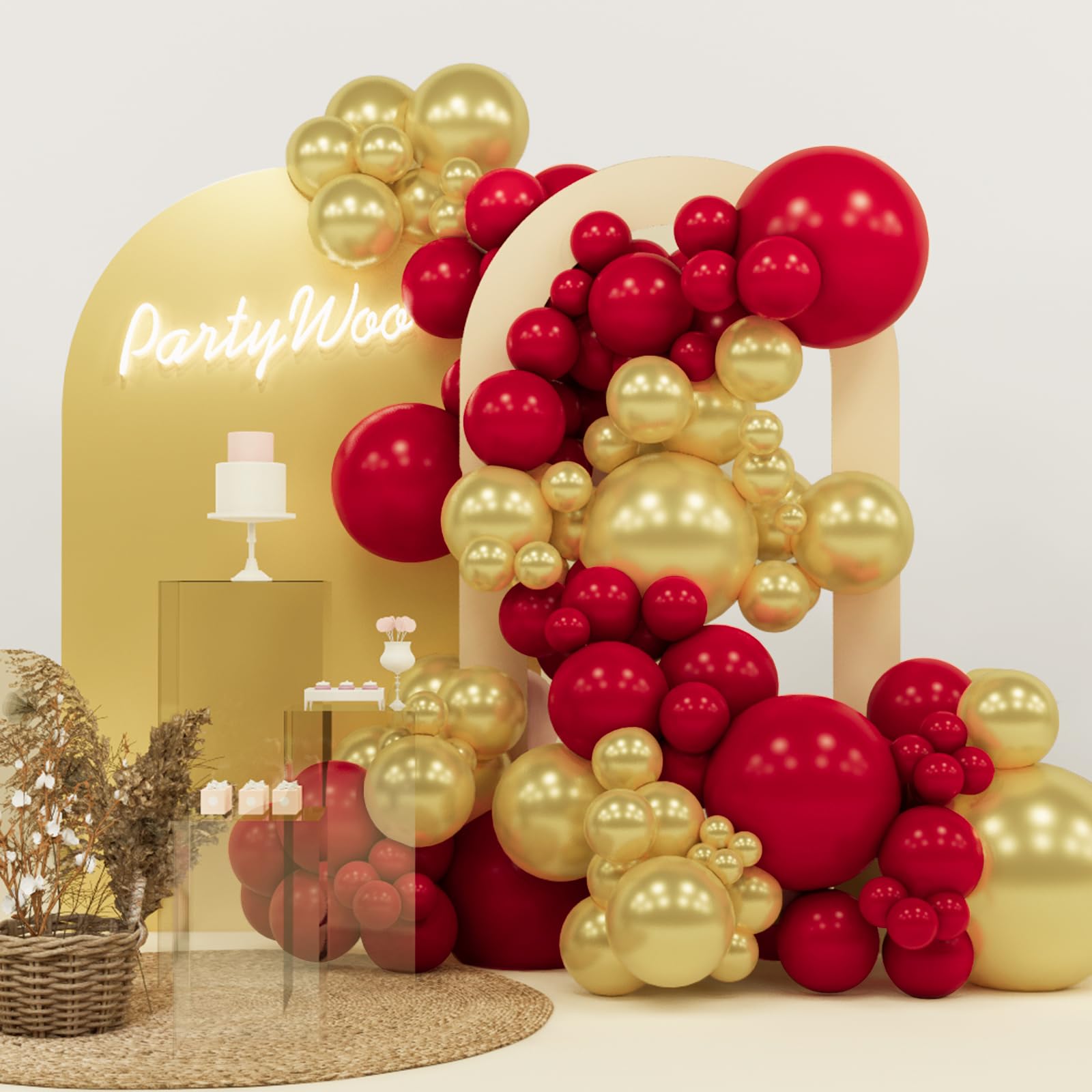 PartyWoo Red and Gold Balloon Arch Kit 140pcs Different Sizes | Ruby 18 12 10 5 Inch Balloons for Birthday Graduation Wedding Engagement Baby Shower Bridal Shower Party Decorations