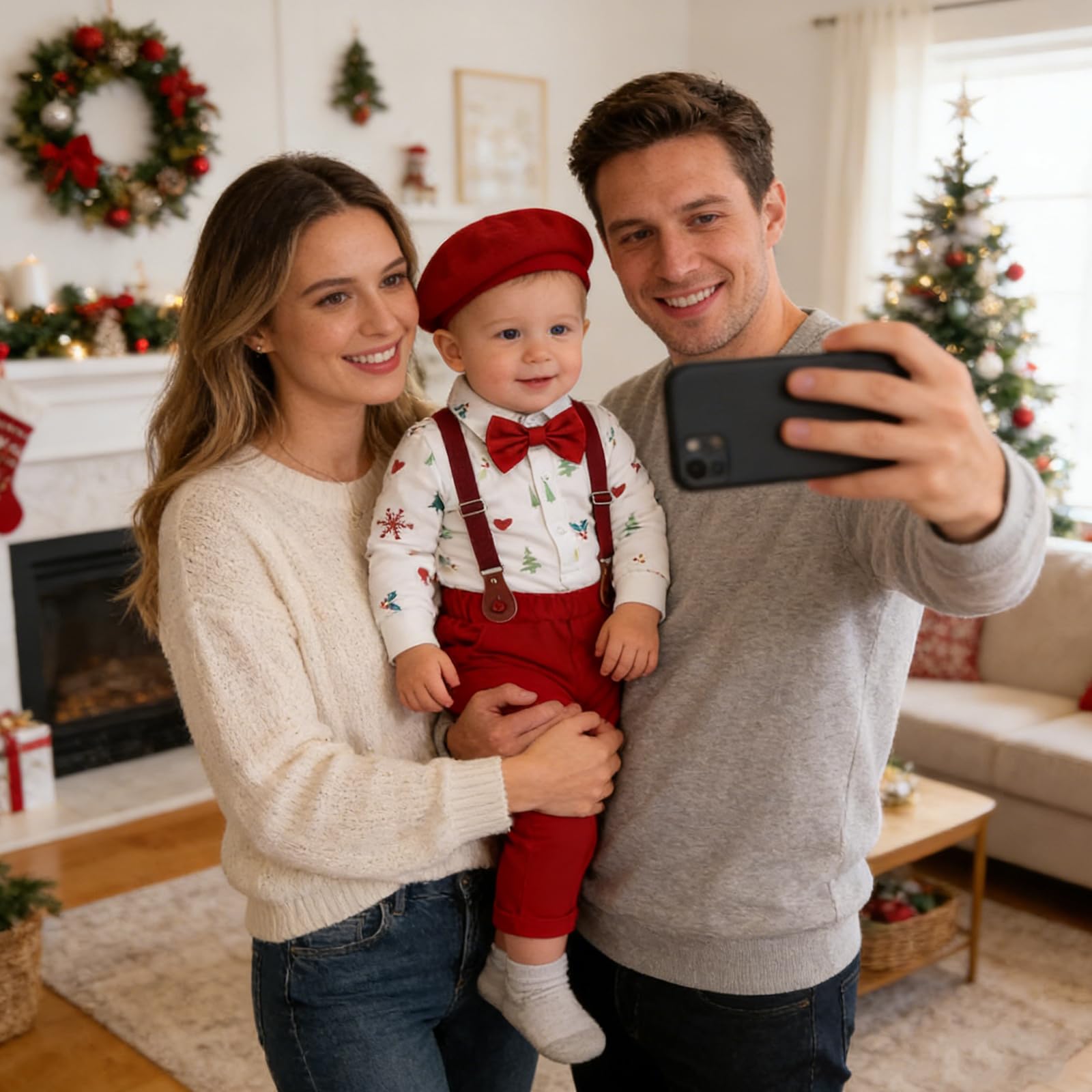 Weihnachtsoutfit für Jungen Kleinkind-Festtagskleidung 4-teiliges Gentleman-Set Body Fliege Hut & Hose mit Hosenträgern