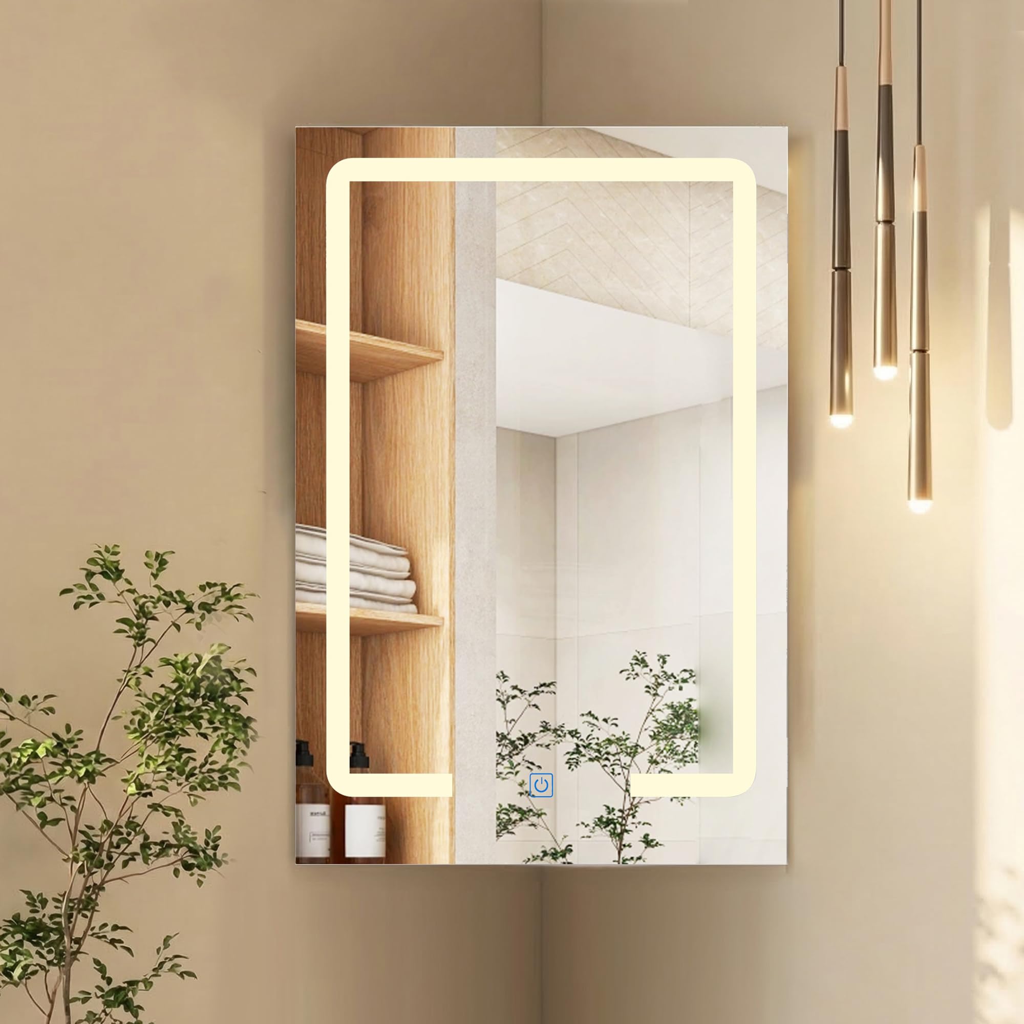 LED Corner Bathroom Mirror Cabinet,Wall Mounted Bathroom Cabinet with Mirror,Single Door Wooden Storage Cupboard, Bathroom Storage Unit with Adjustable LED Lights,3 Colours,2 Shelves,White,40x29x60CM