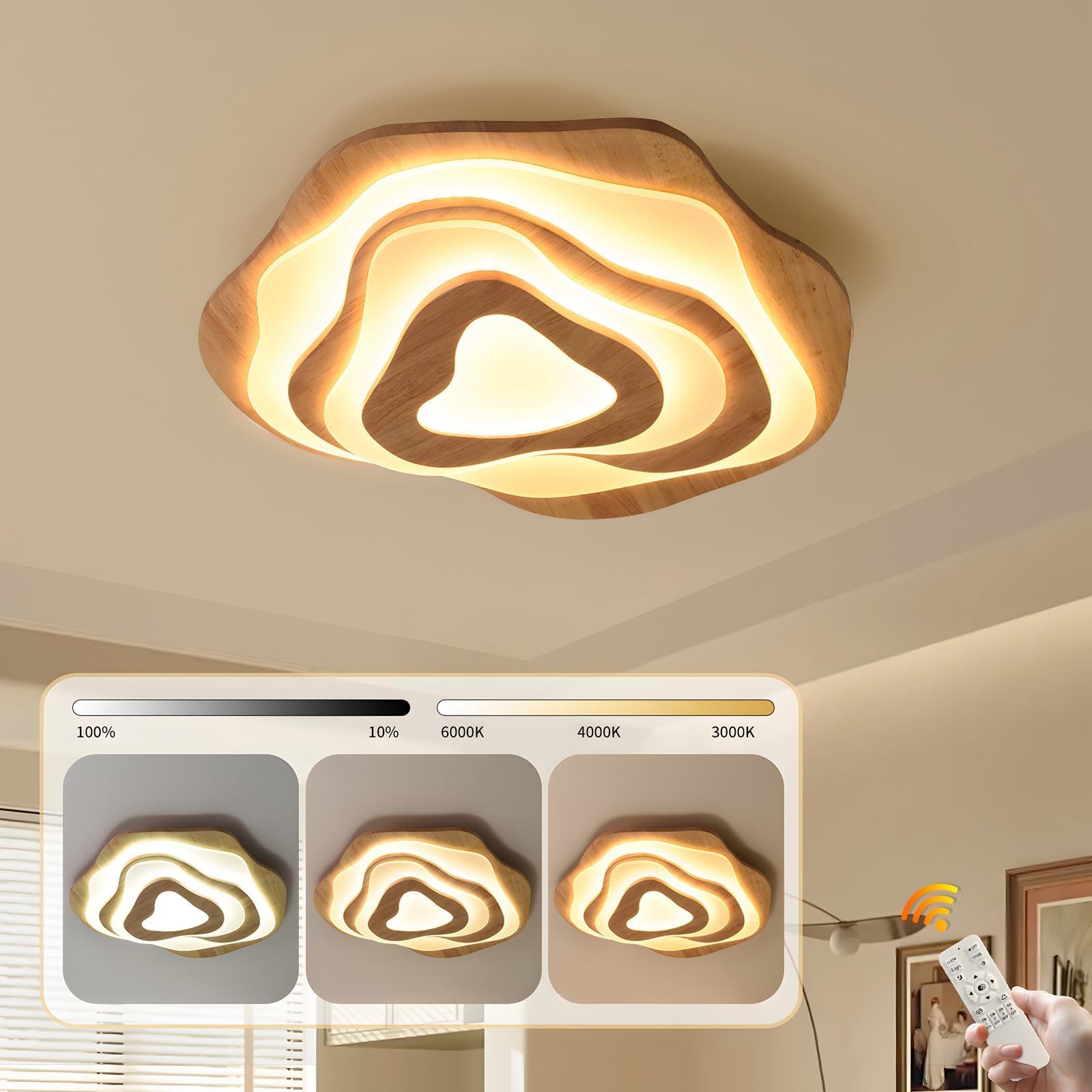 Plafoniera a LED in legno, 50 W = Ø 57 cm, 3500 lm, 3000 K-6000 K, dimmerabile, per camera da letto, soggiorno, paralume in acrilico a forma di cuore, moderna lampada da soffitto rotonda